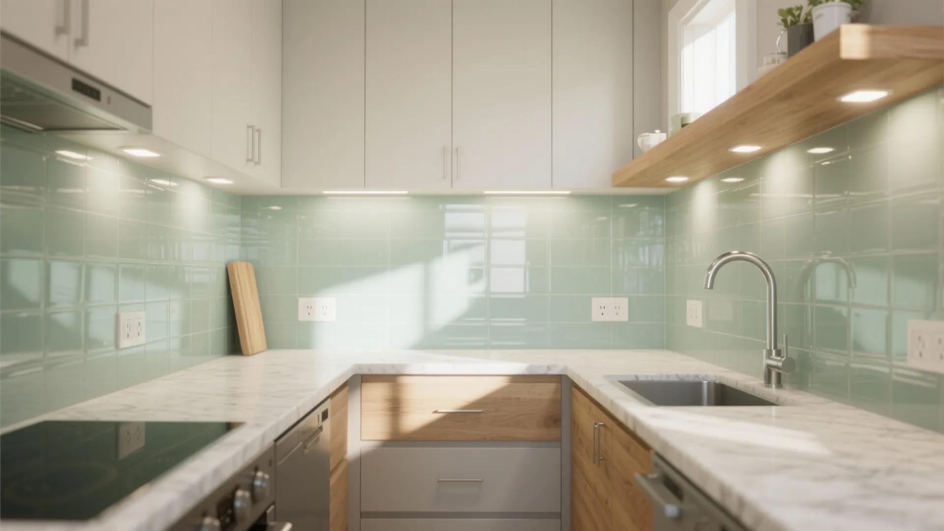 Modern kitchen interior with green tile wall, white cabinets, marble countertop, sink, and wood shelves