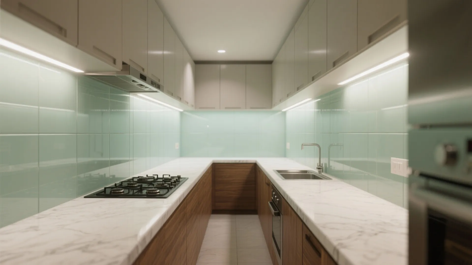 Small kitchen with wooden lower cabinets white marble countertop and light green glass wall tiles design