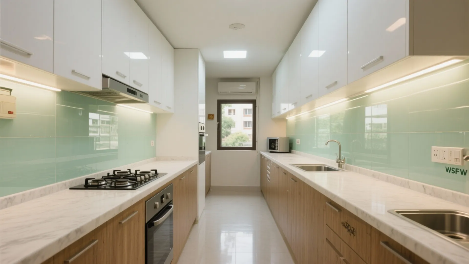 Narrow galley kitchen with white upper cabinets wooden lower cabinets and a light green backsplash
