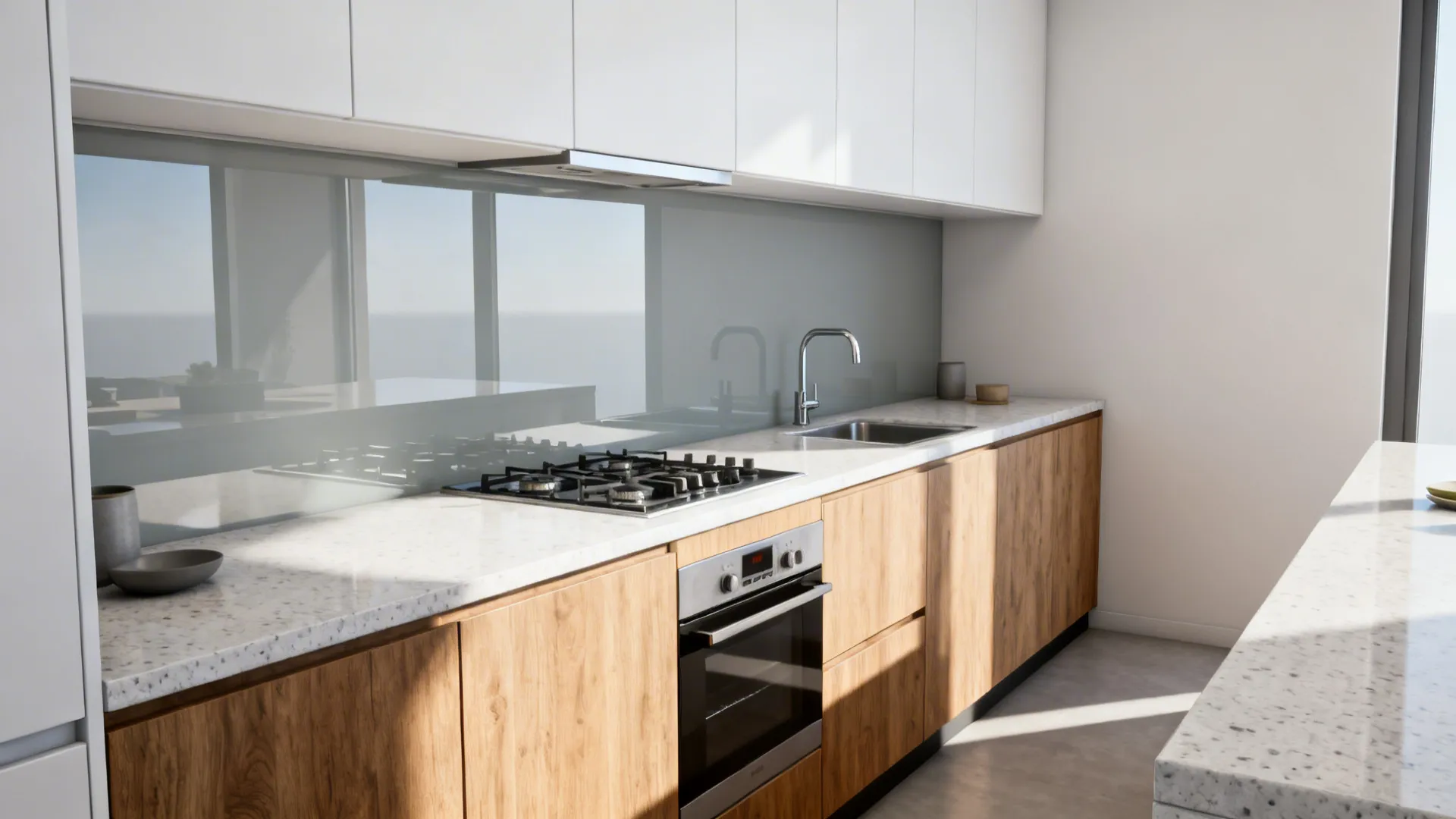Galley kitchen with a seamless pale gray glass backsplash reflecting light for a brighter feel.