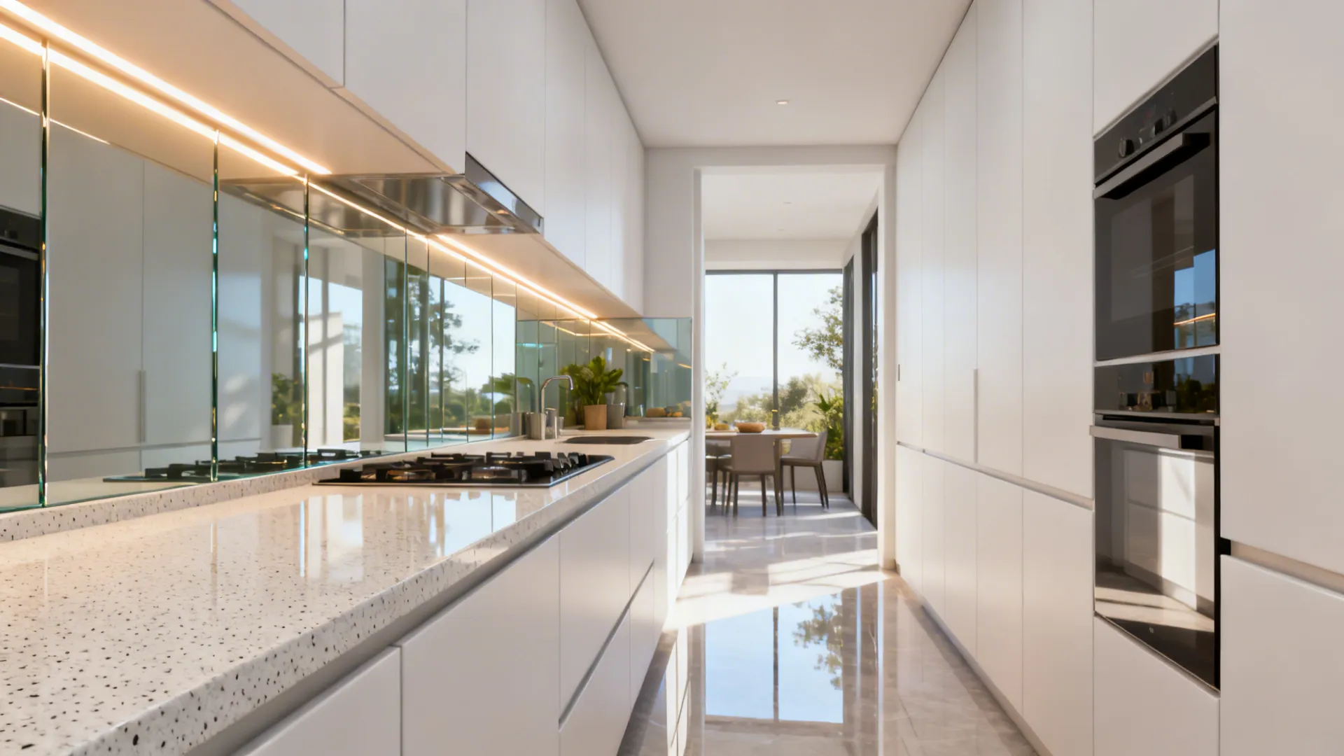 Bright galley kitchen with a low-iron glass backsplash reflecting under-cabinet LEDs.