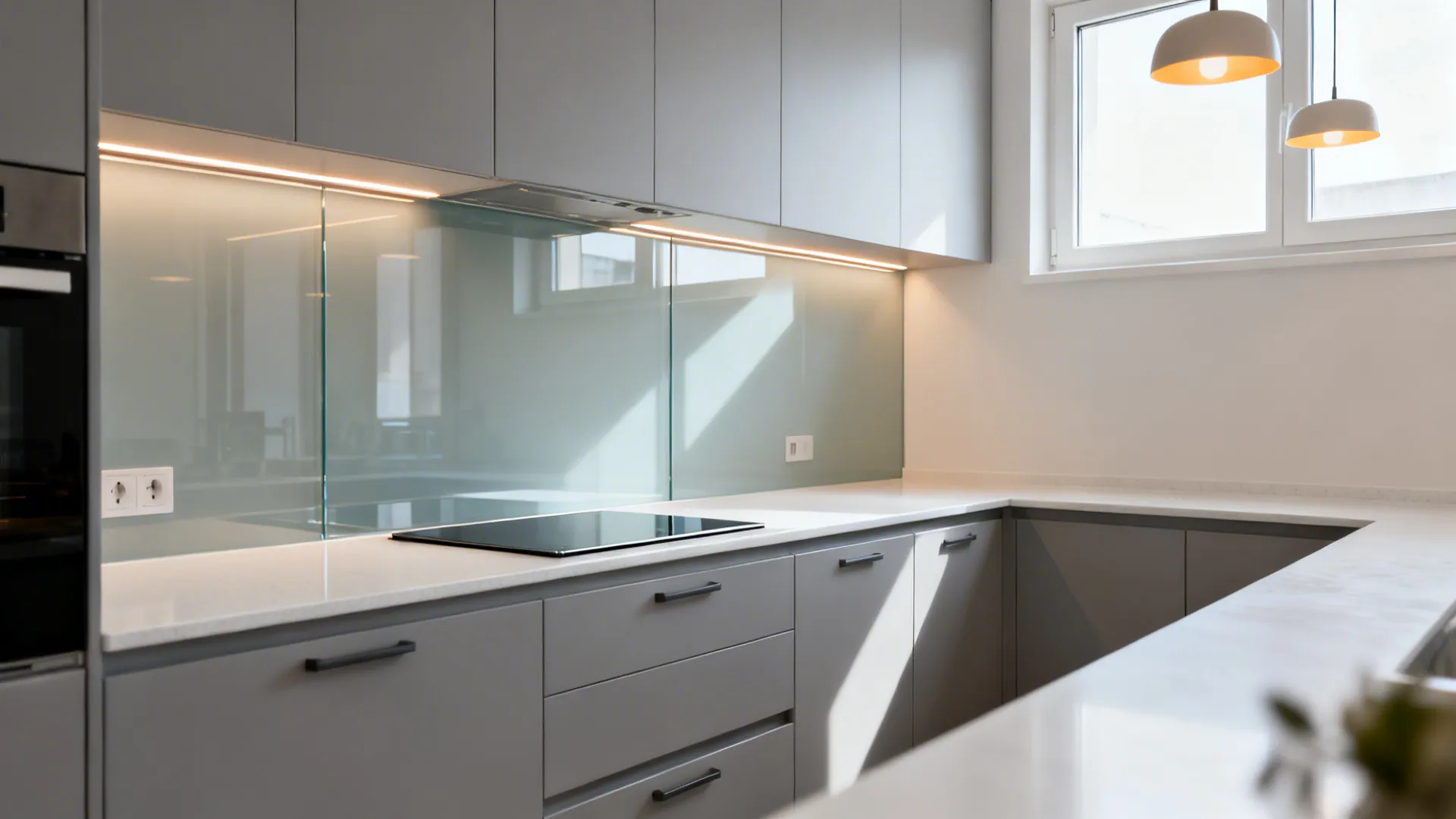 Small galley kitchen with low-iron back-painted glass backsplash reflecting light for a wider feel