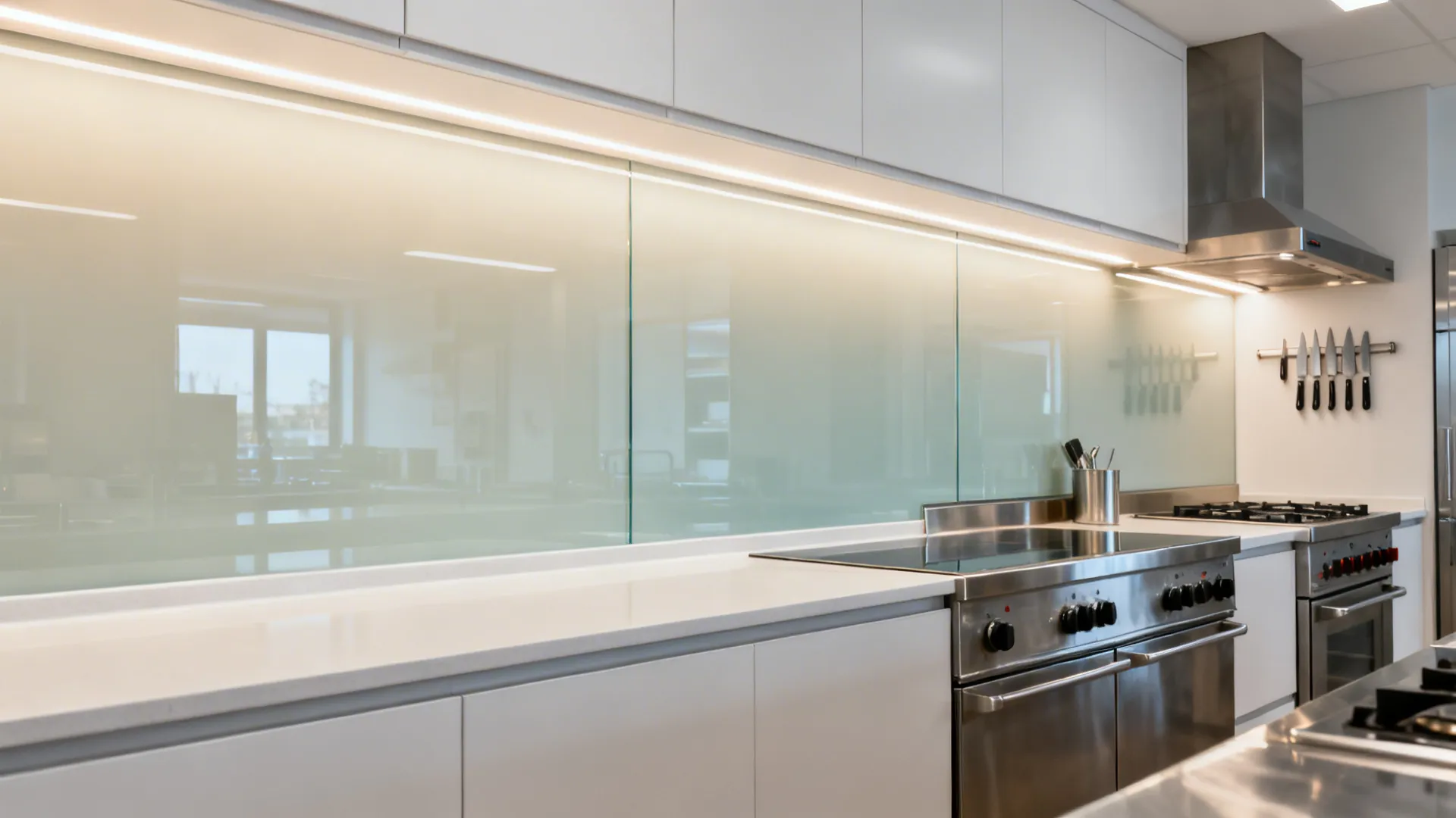 Tempered low-iron glass backsplash brightens a narrow prep galley with clean reflections.