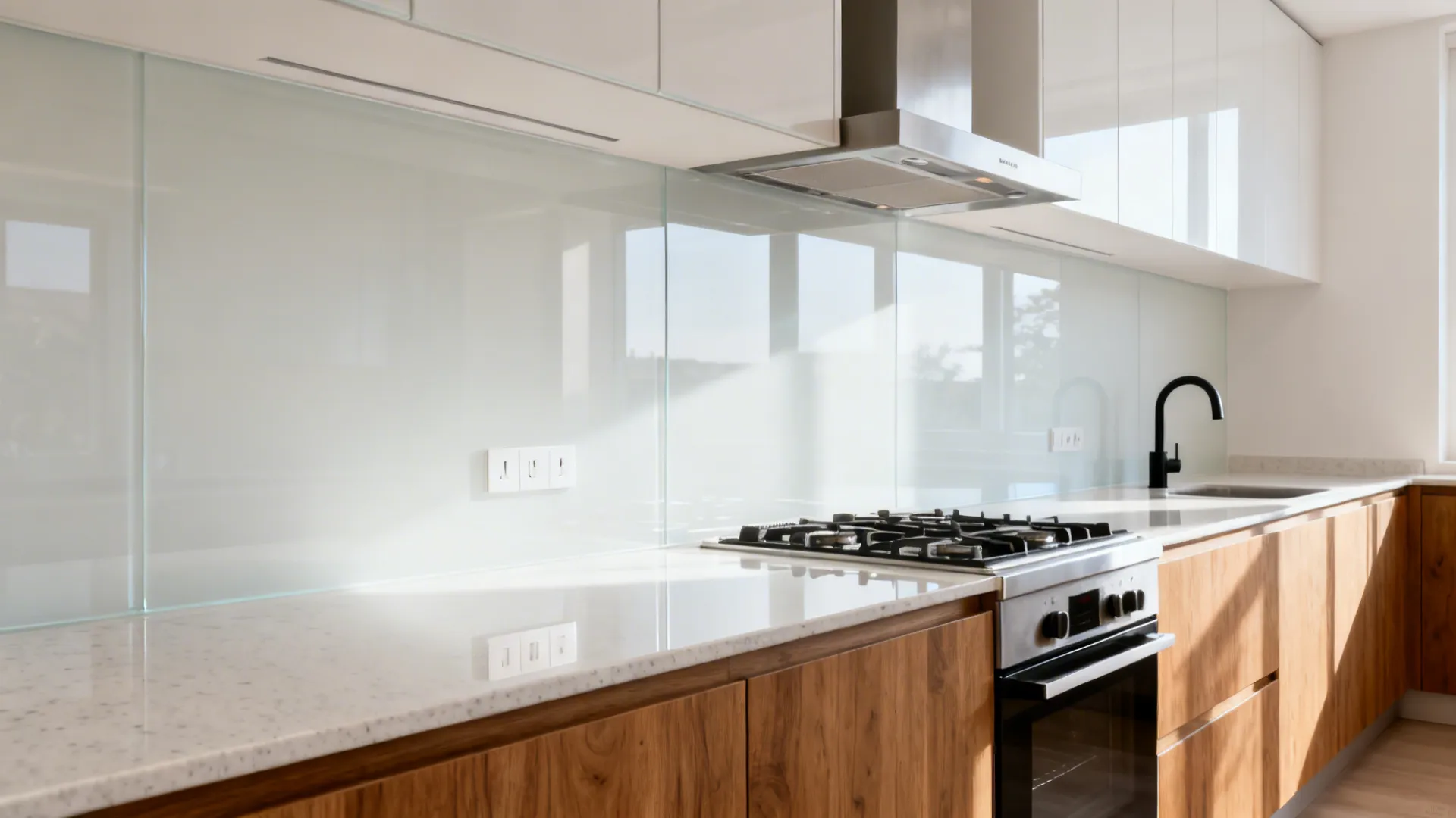 Galley cook wall with low-iron back-painted glass backsplash reflecting soft daylight