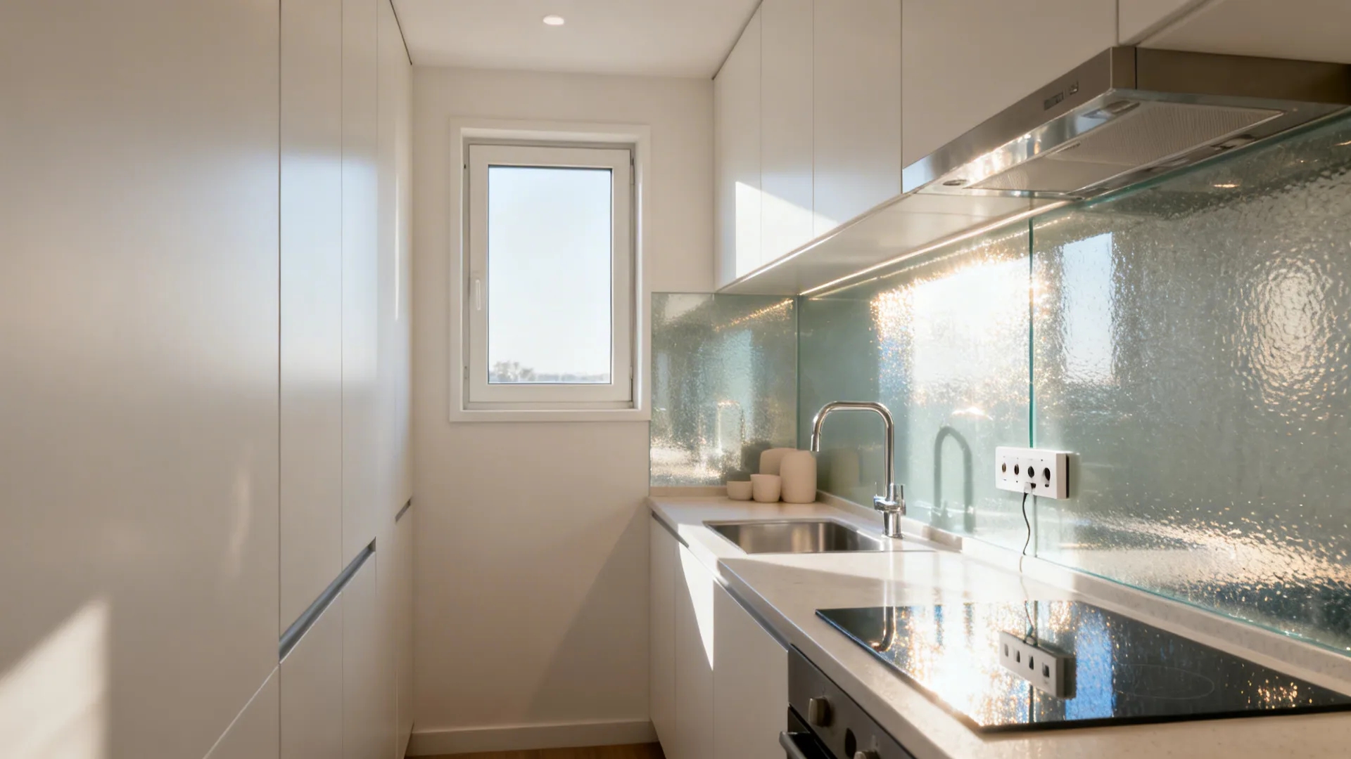 Galley kitchen with small window and low-iron glass backsplash that reflects daylight onto counters.