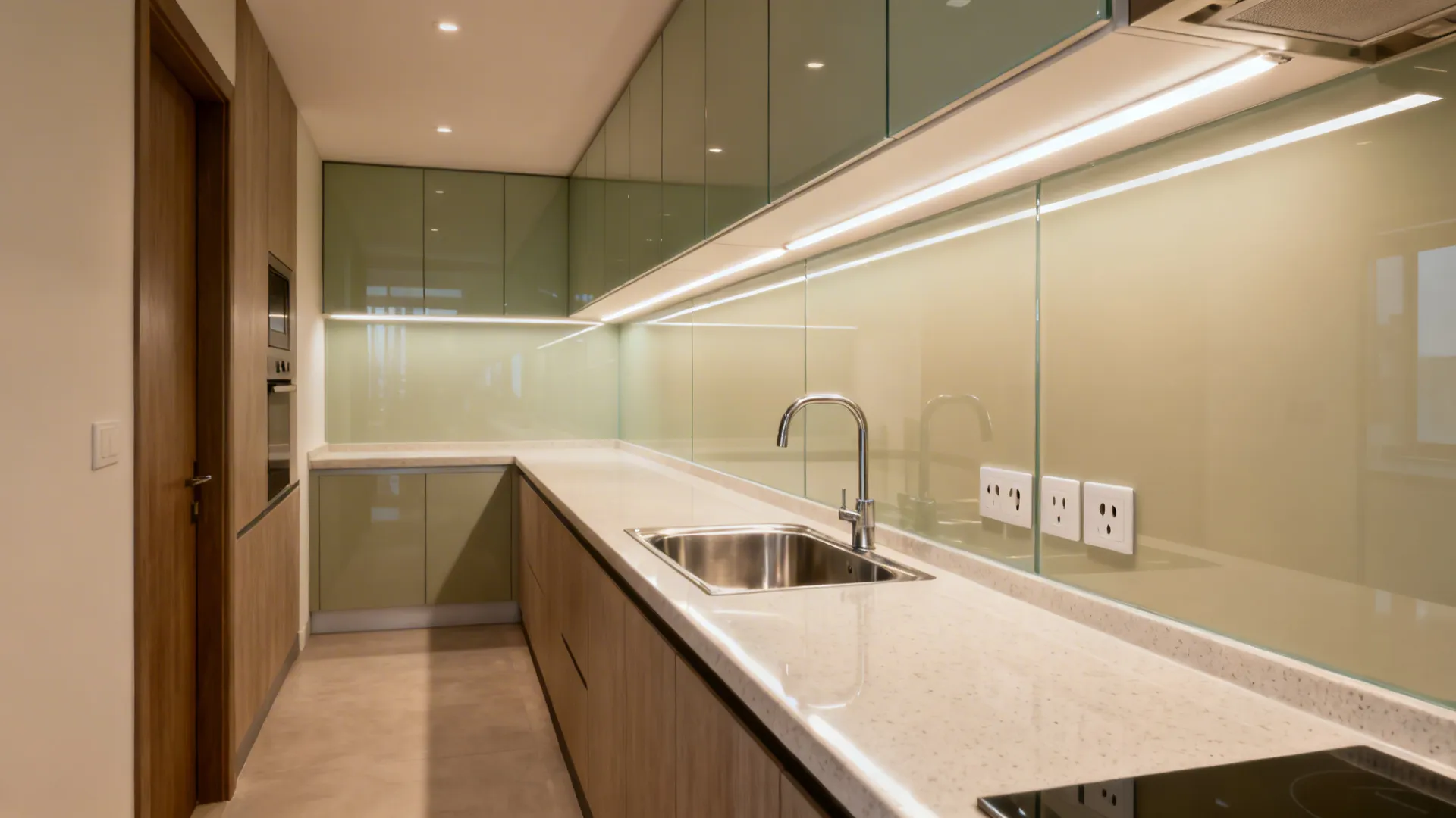 Modern kitchen with green cabinets white countertop stainless steel sink and light under glass backsplash
