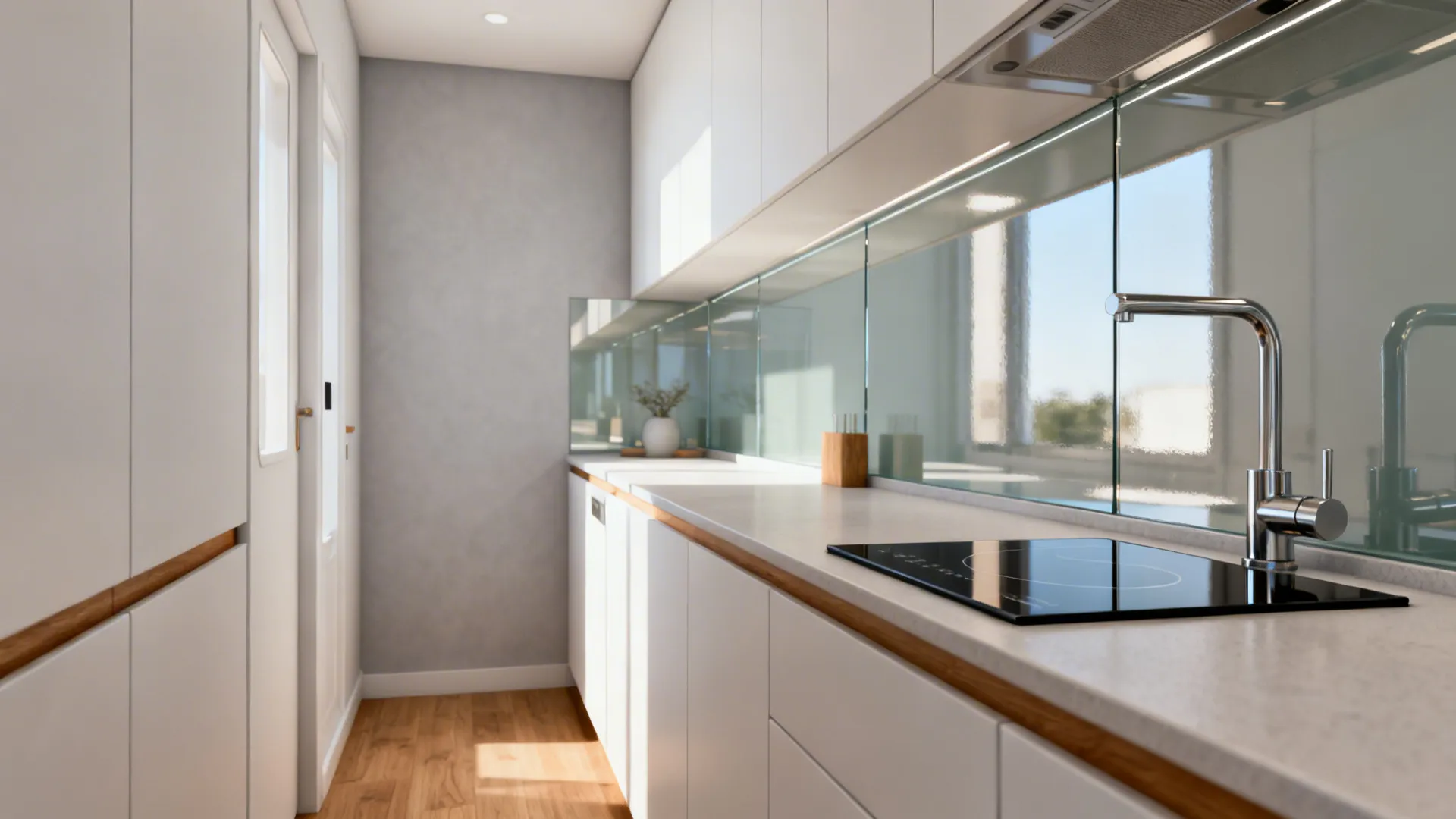 Modern narrow white kitchen with wood floor glass wall backsplash silver faucet and induction cooktop