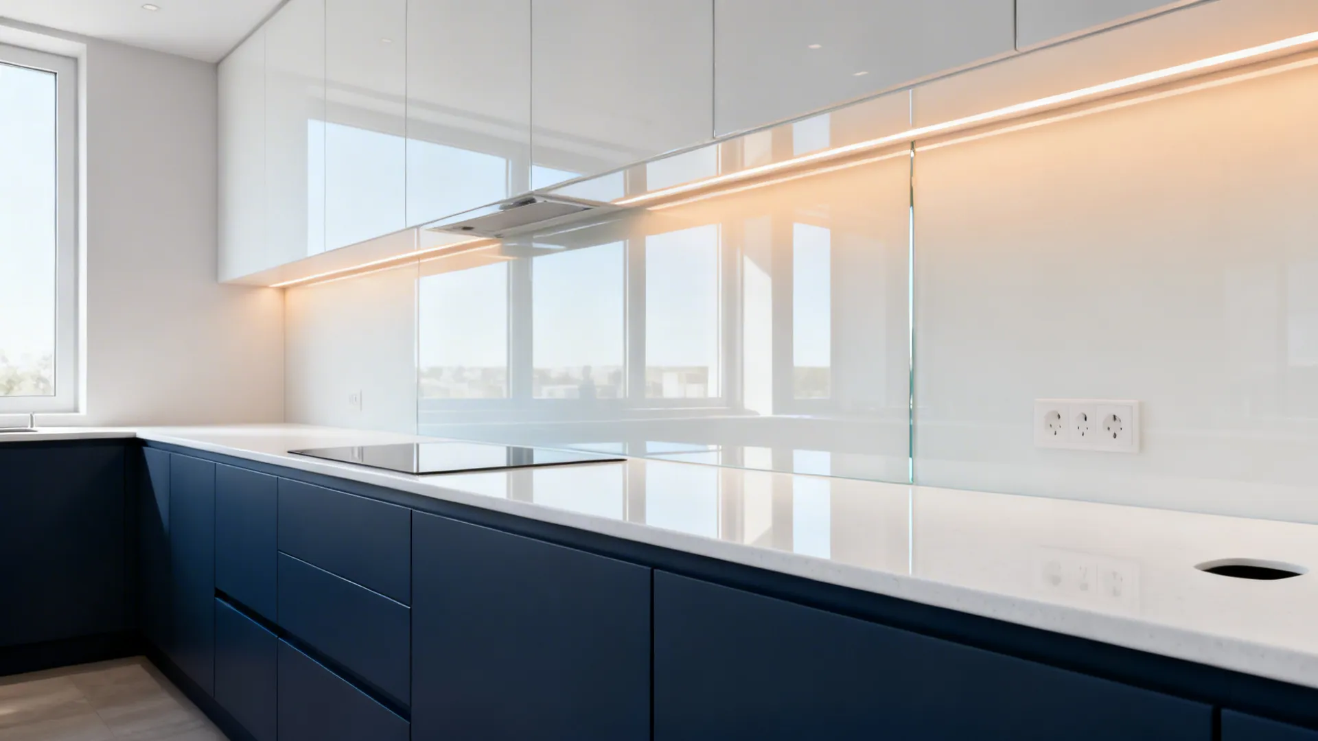 Galley kitchen with a warm white glass backsplash reflecting light over navy cabinets.