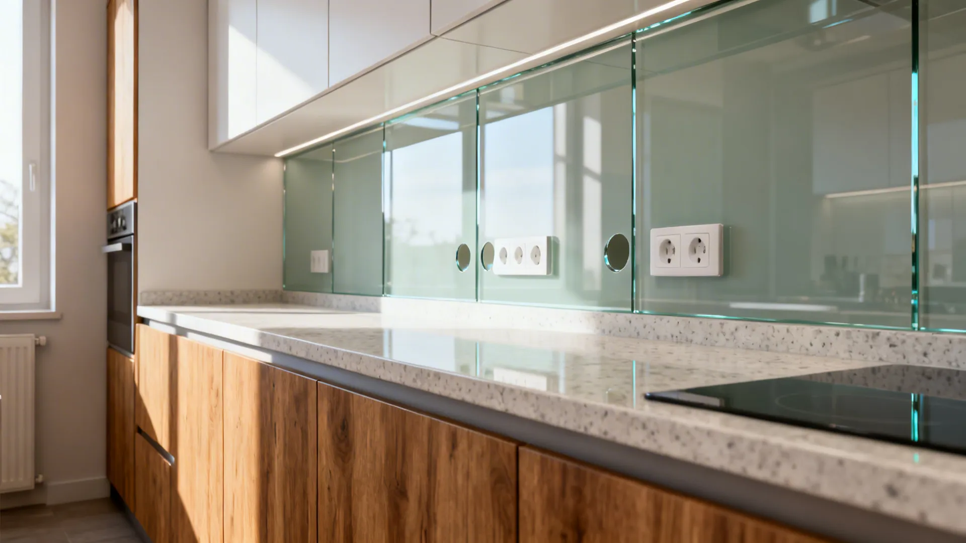 Galley kitchen with low-iron glass backsplash reflecting soft daylight and warm wood cabinets.