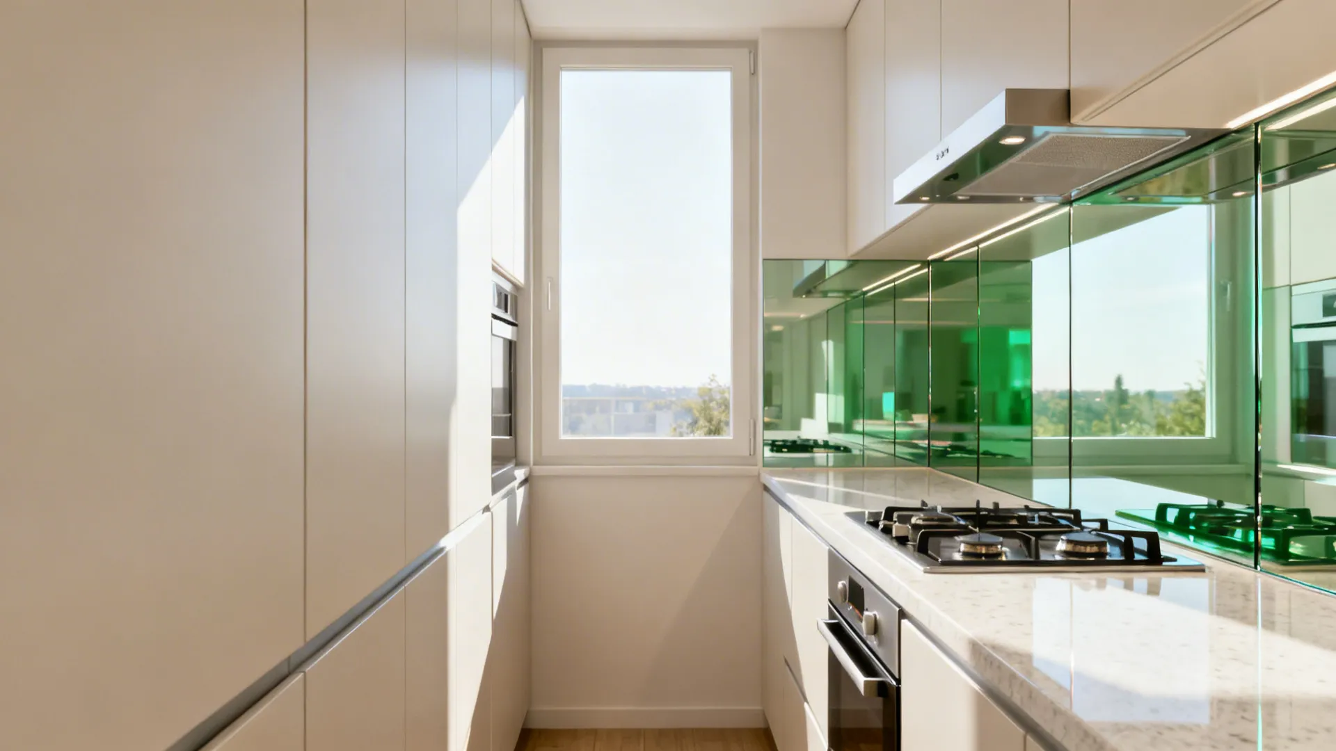 Narrow white kitchen with green glass wall white counters gas stove oven and small window