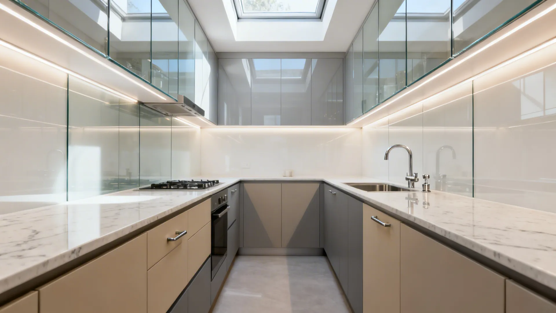 Modern galley kitchen with marble countertops light grey cabinets glass wall storage and roof window