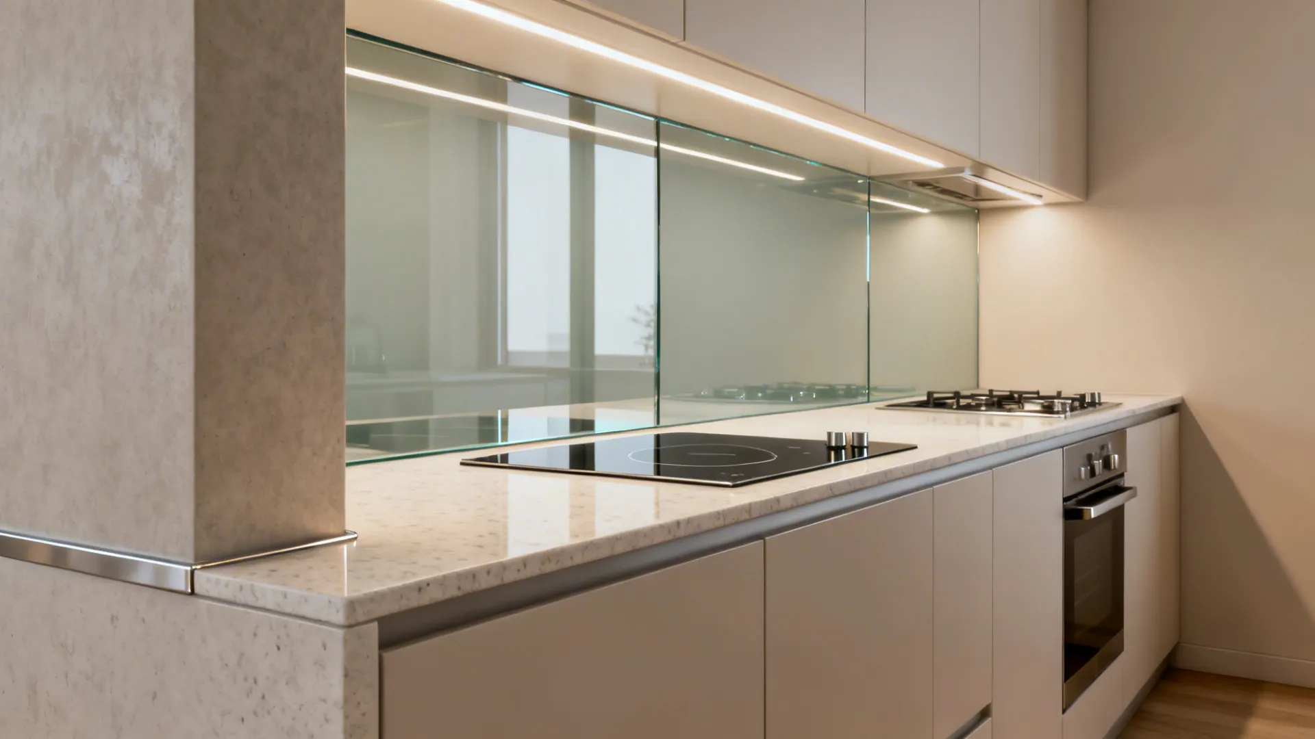 Glass backsplash for light and reflection