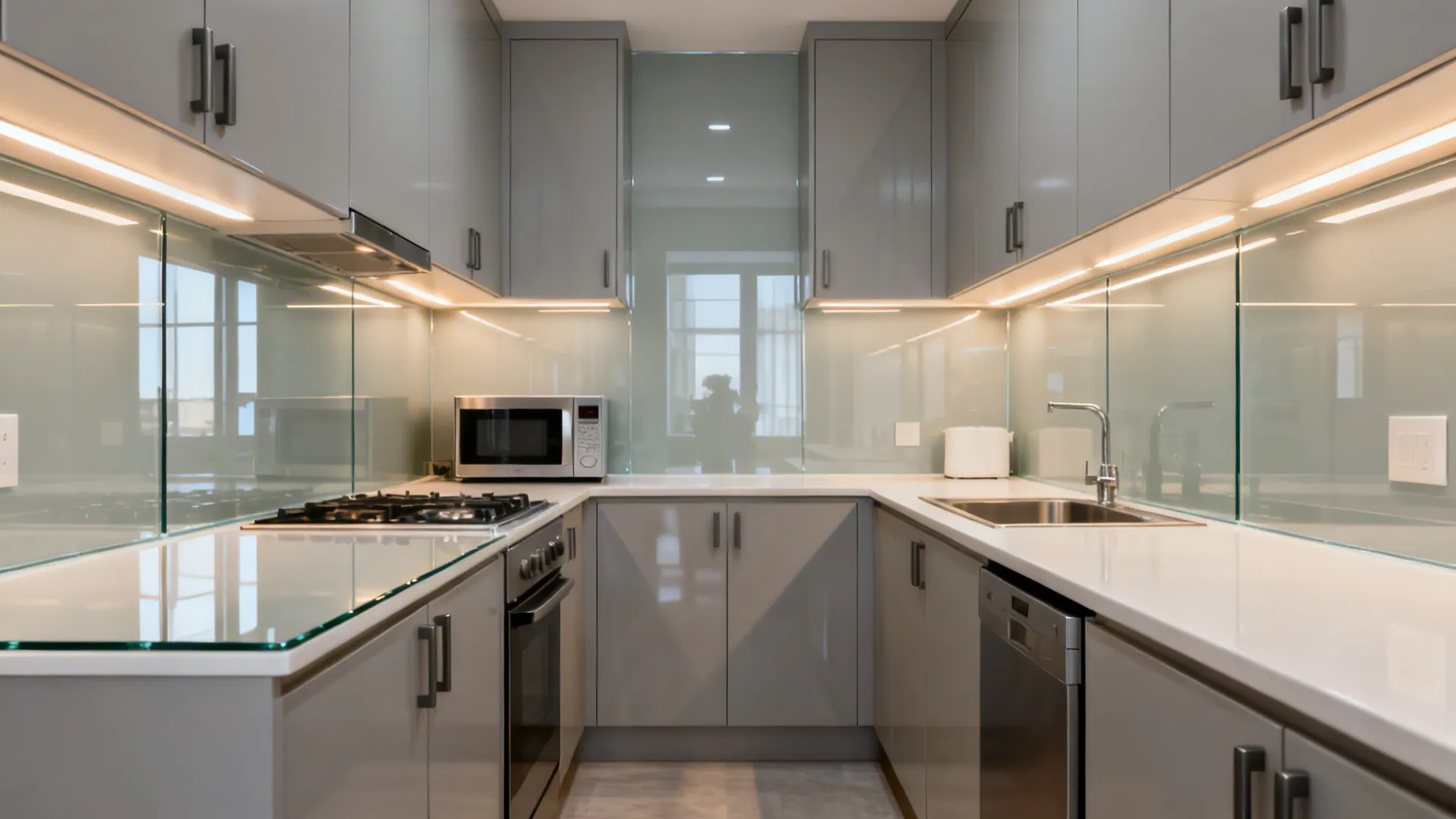 Small galley kitchen with low-iron glass backsplash and satin cabinet finishes reflecting soft light.