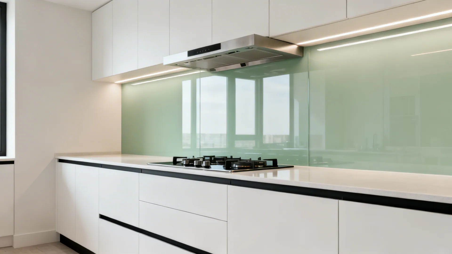 Narrow galley kitchen with pale sage glass backsplash reflecting light and adding depth behind the cooktop.