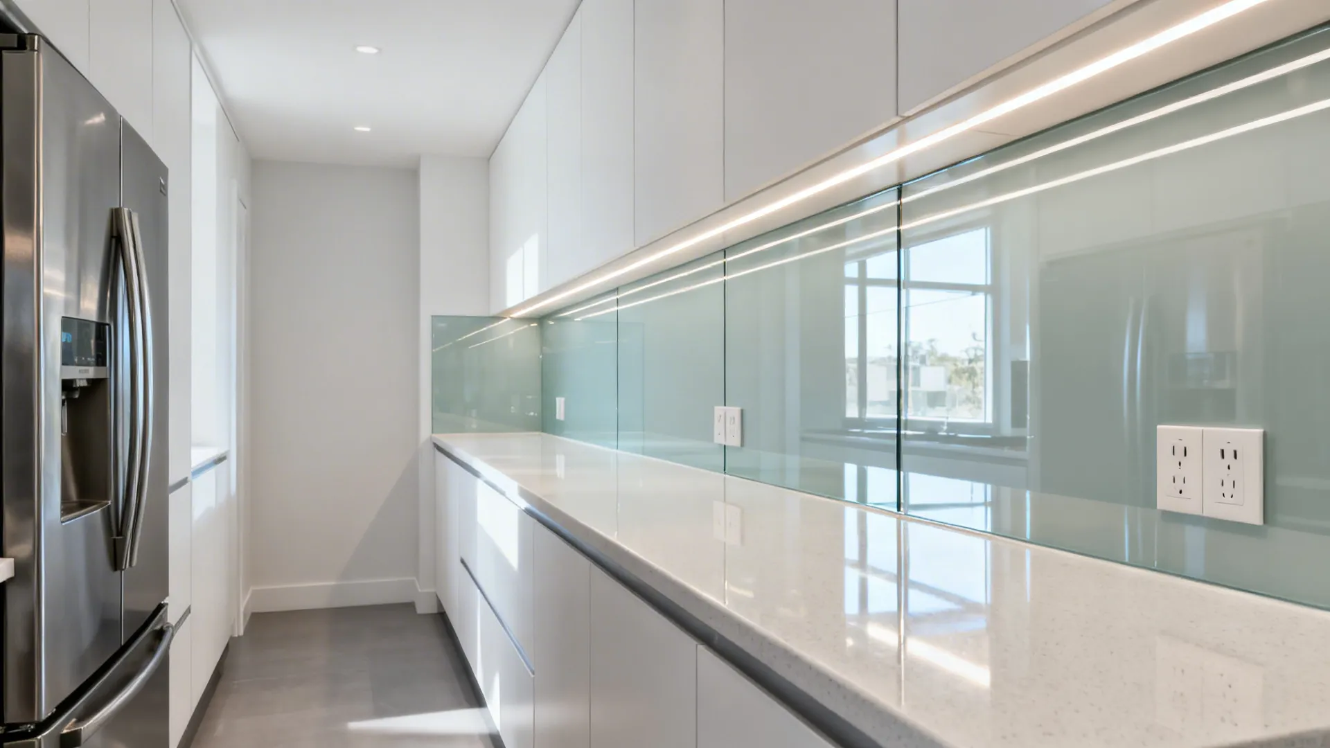 Modern narrow kitchen with white cabinets, light blue glass wall, stone counter, and ceiling lights