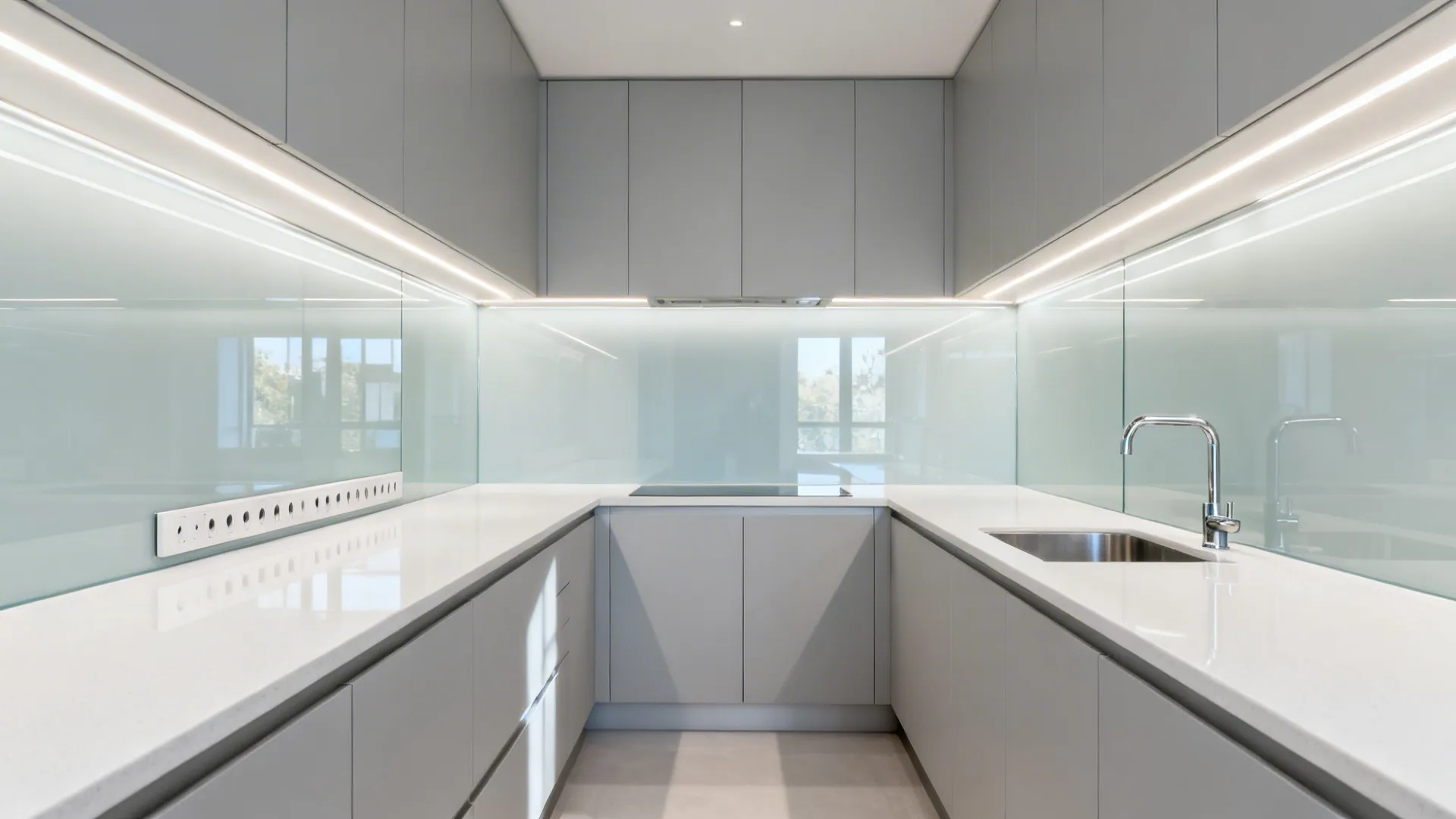 Glass backsplash for light and depth