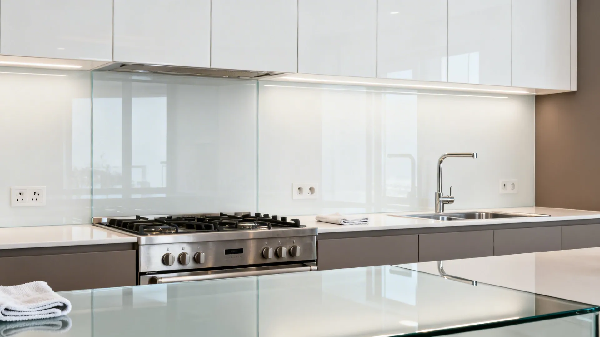 Idea 3: Grey Base + White Wall Cabinets with Glass Backsplash