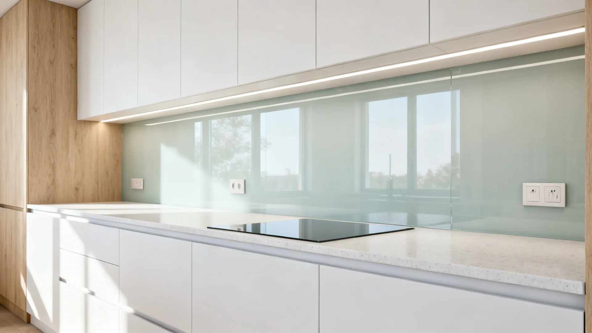Narrow galley kitchen with pale low-iron glass backsplash reflecting soft daylight.