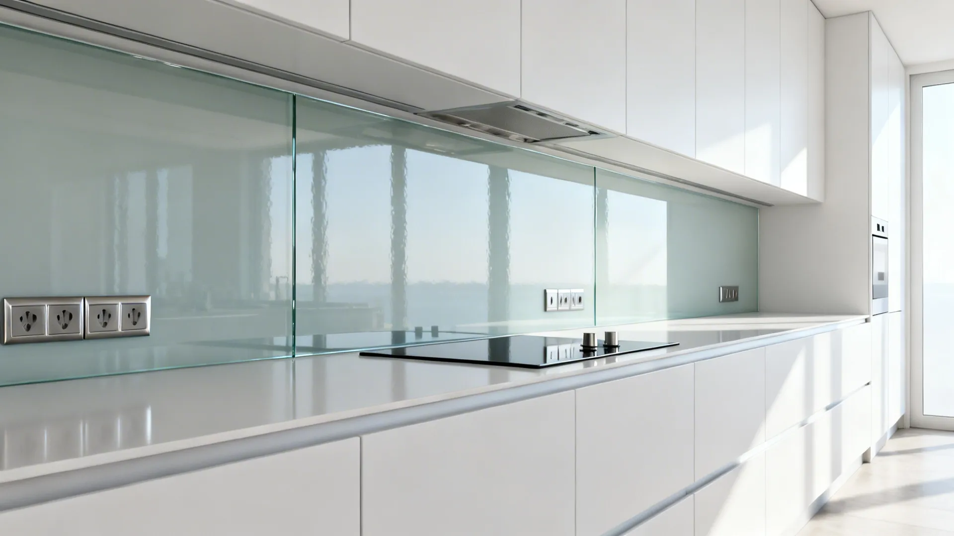 Narrow galley kitchen with a seamless glass backsplash and aligned outlets reflecting soft light.