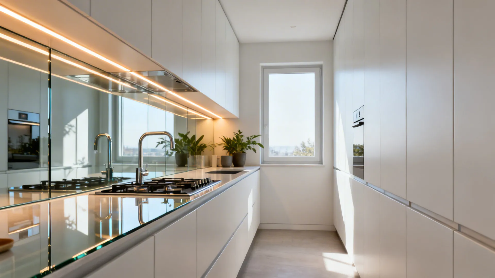 Narrow galley kitchen with a low-iron glass backsplash and warm under-cabinet LEDs.