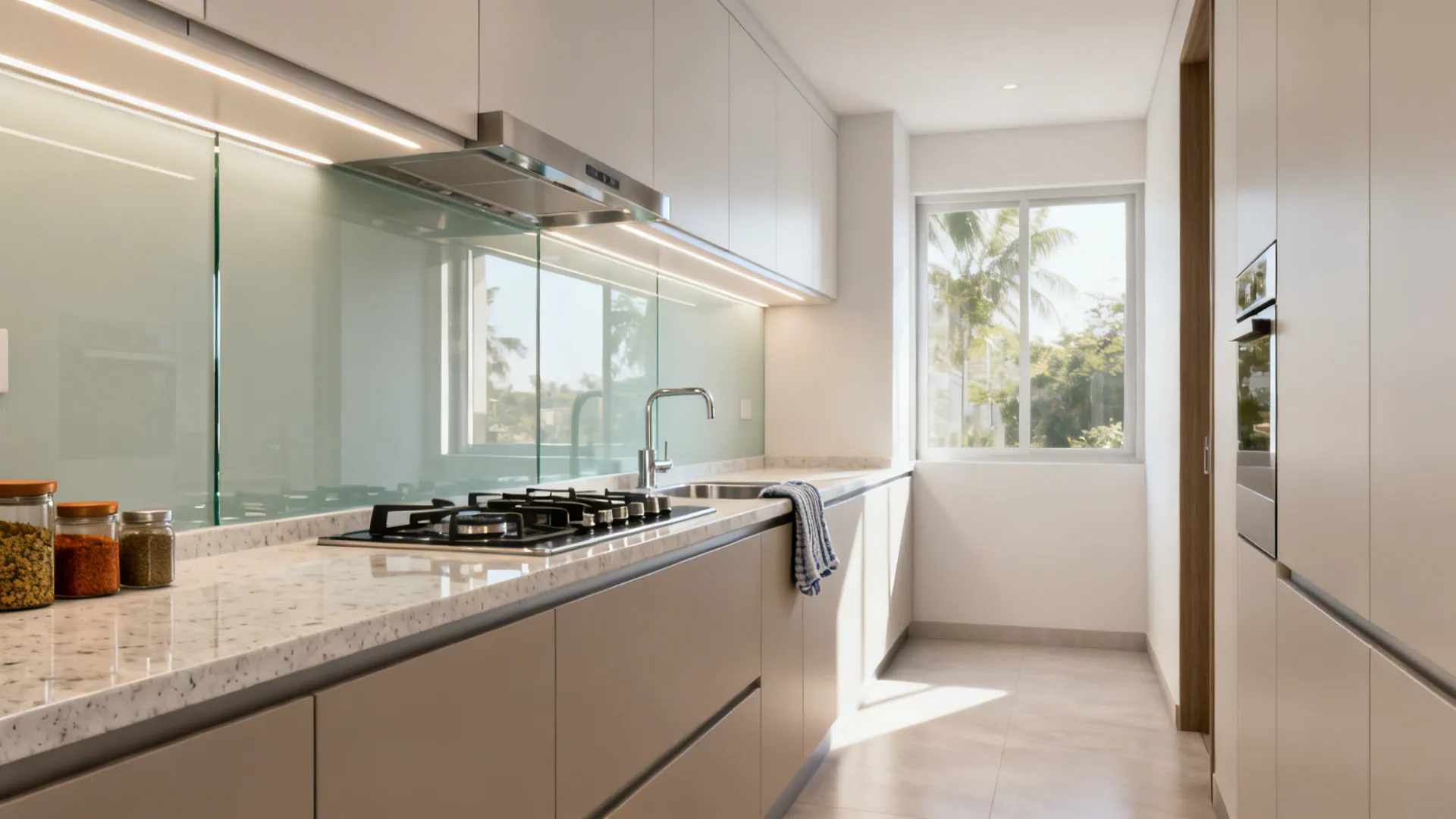 Bright galley kitchen with pale back-painted glass backsplash and quartz countertop.