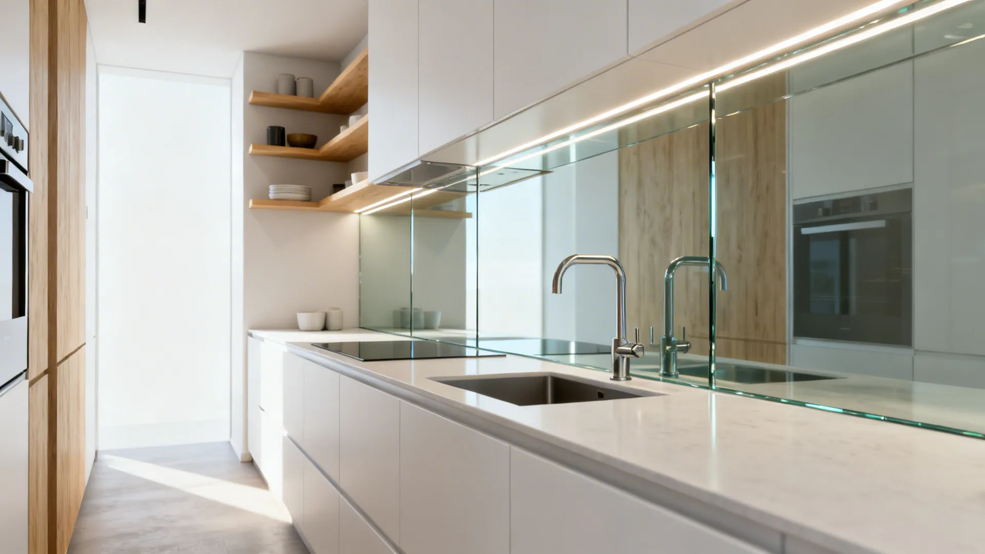 Narrow galley kitchen with a seamless low-iron glass backsplash reflecting soft light.