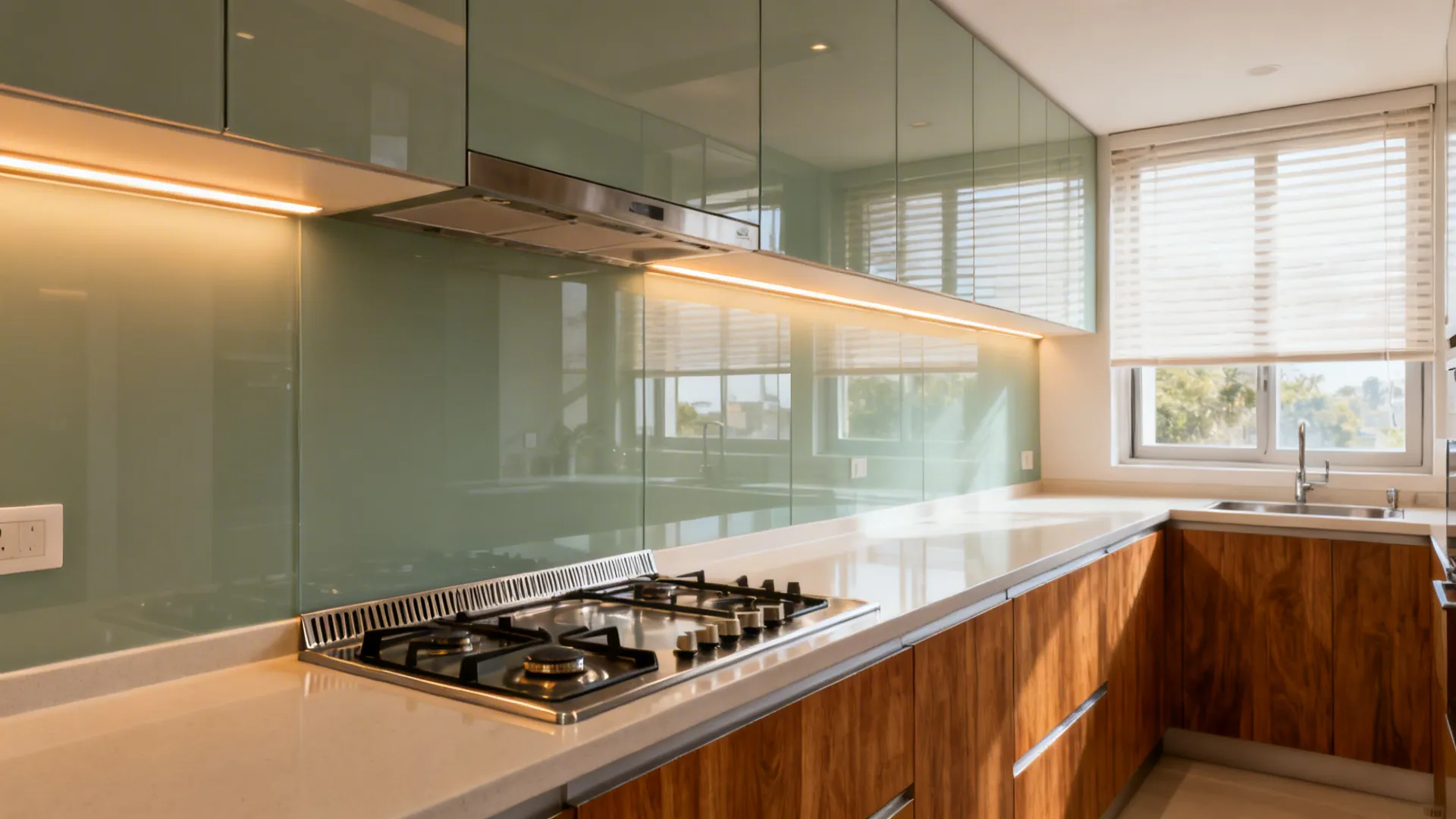 Sage tempered glass backsplash reflecting warm LED light in a small galley kitchen with utility window.