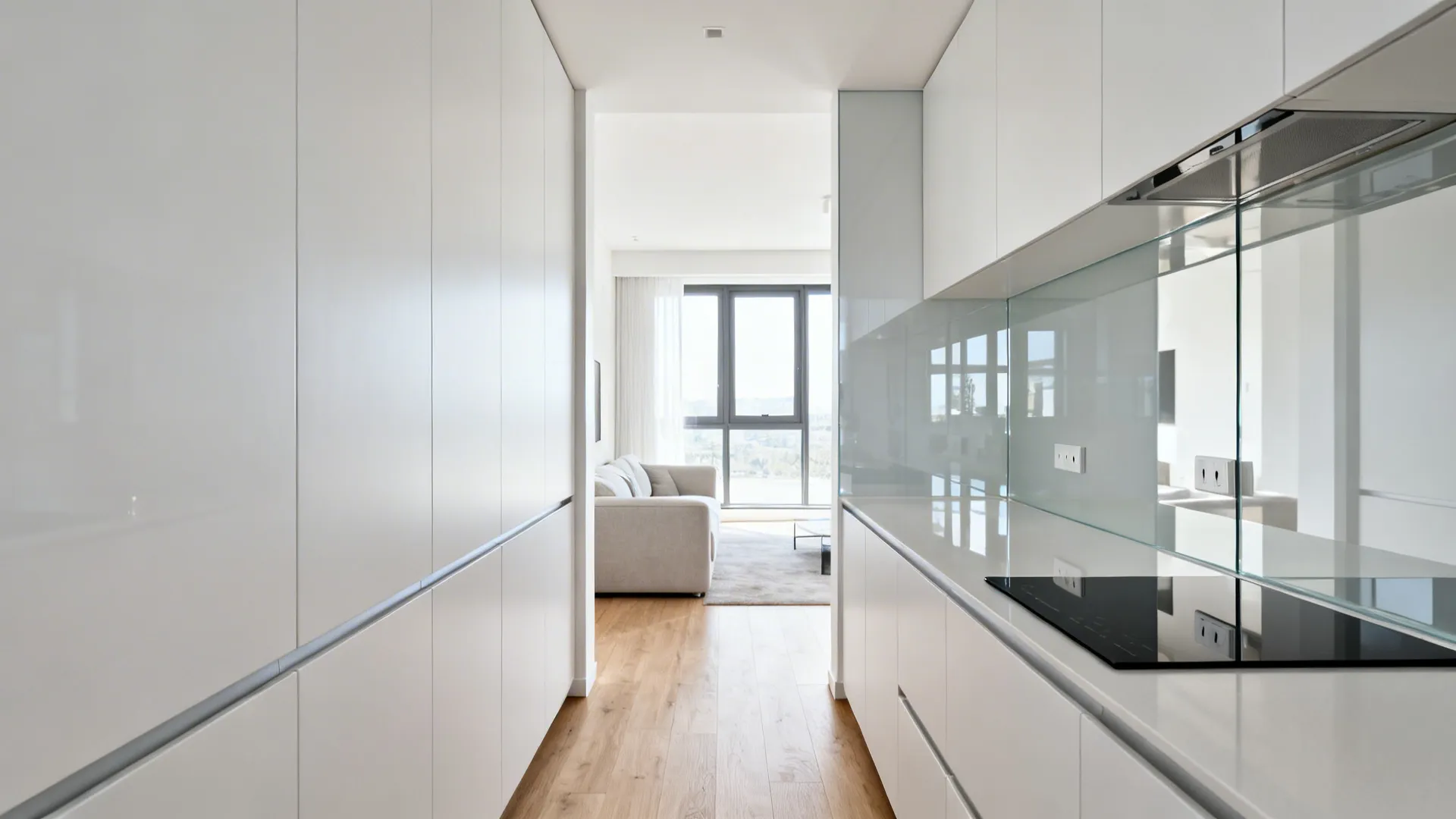 Low-iron glass backsplash running full height brightens a modern open galley kitchen.