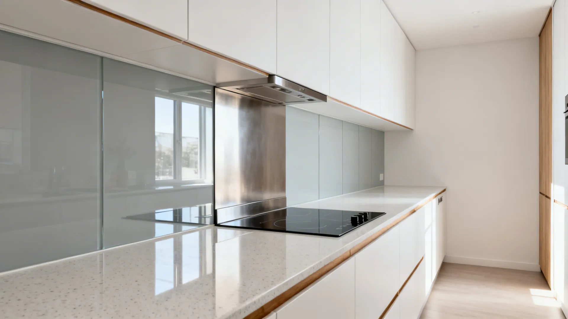 Narrow galley with pale gray back-painted glass backsplash reflecting soft daylight.