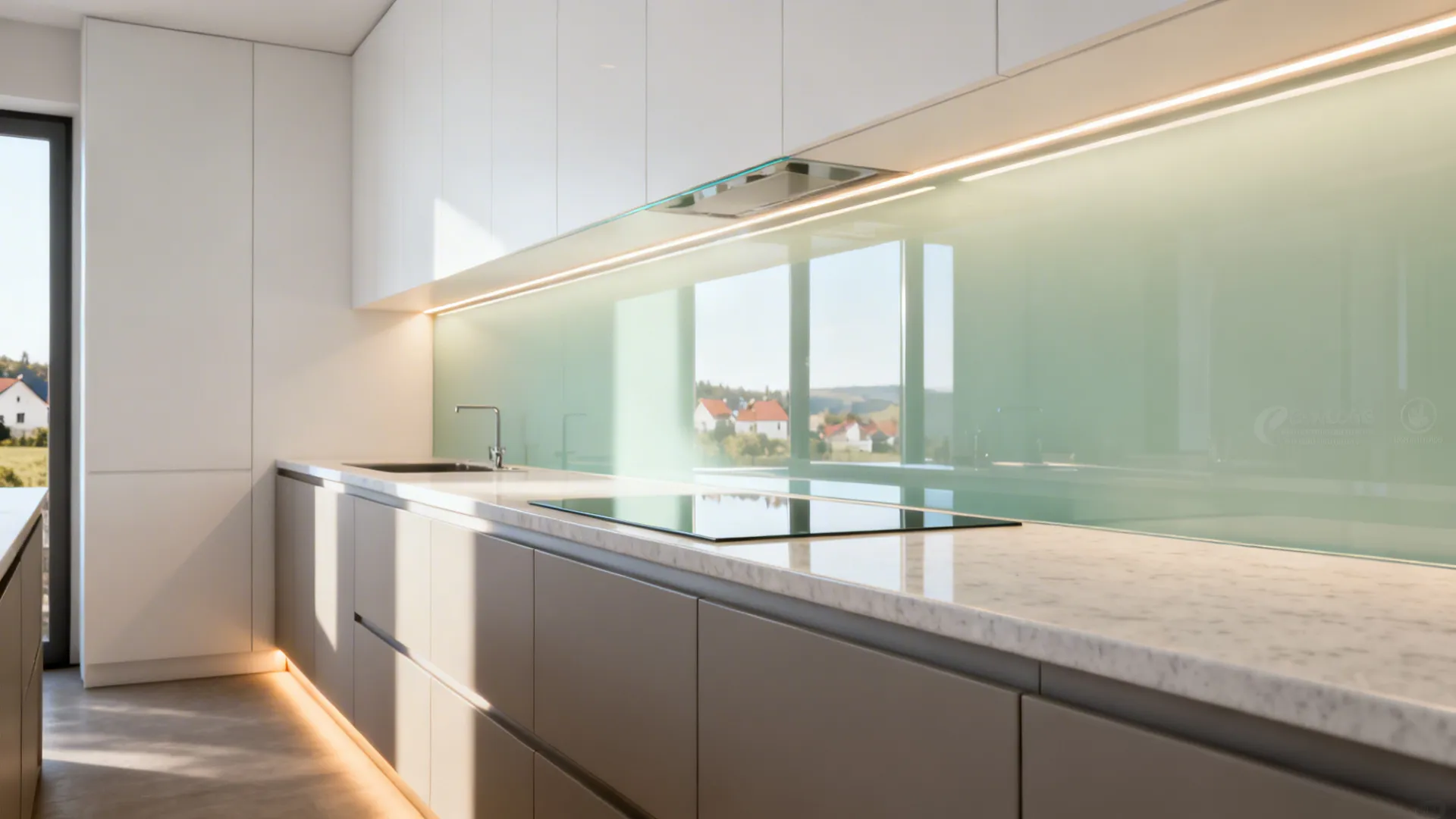 Galley kitchen with soft white glass backsplash reflecting daylight and paired with quartz counters.