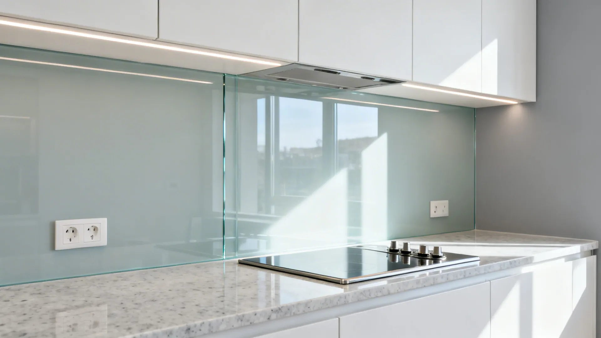 Close up of kitchen glass wall with marble countertop, black stove, white cabinets and outlet