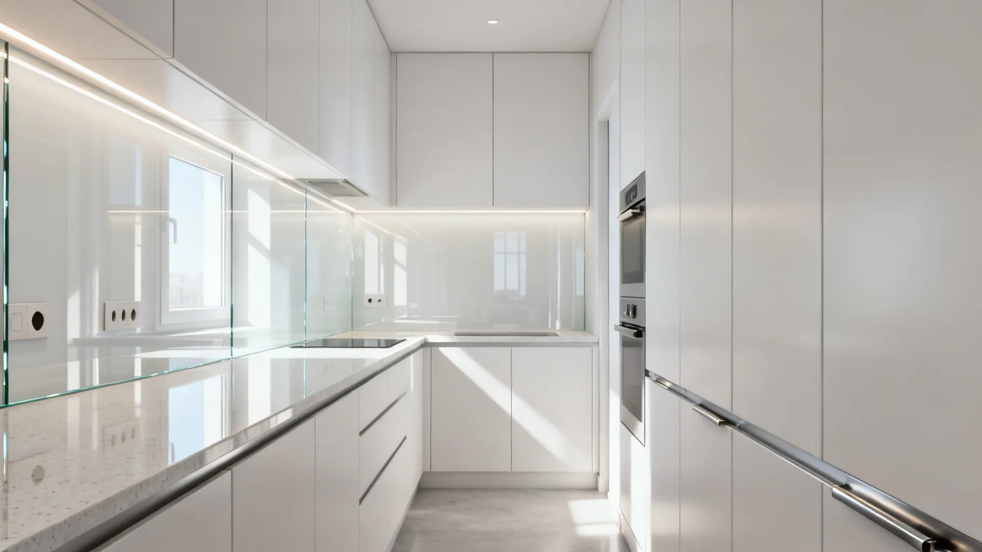 Narrow white galley kitchen with reflective back-painted glass backsplash enhancing light and depth.
