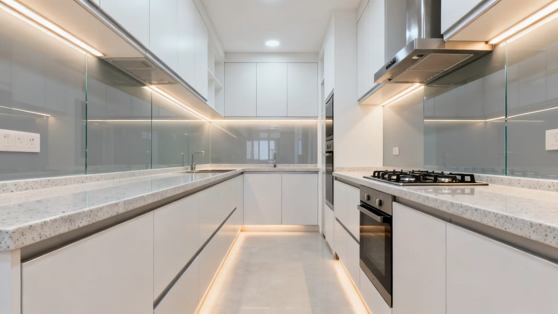 Narrow galley with shallow base cabinets and a reflective light grey glass backsplash.