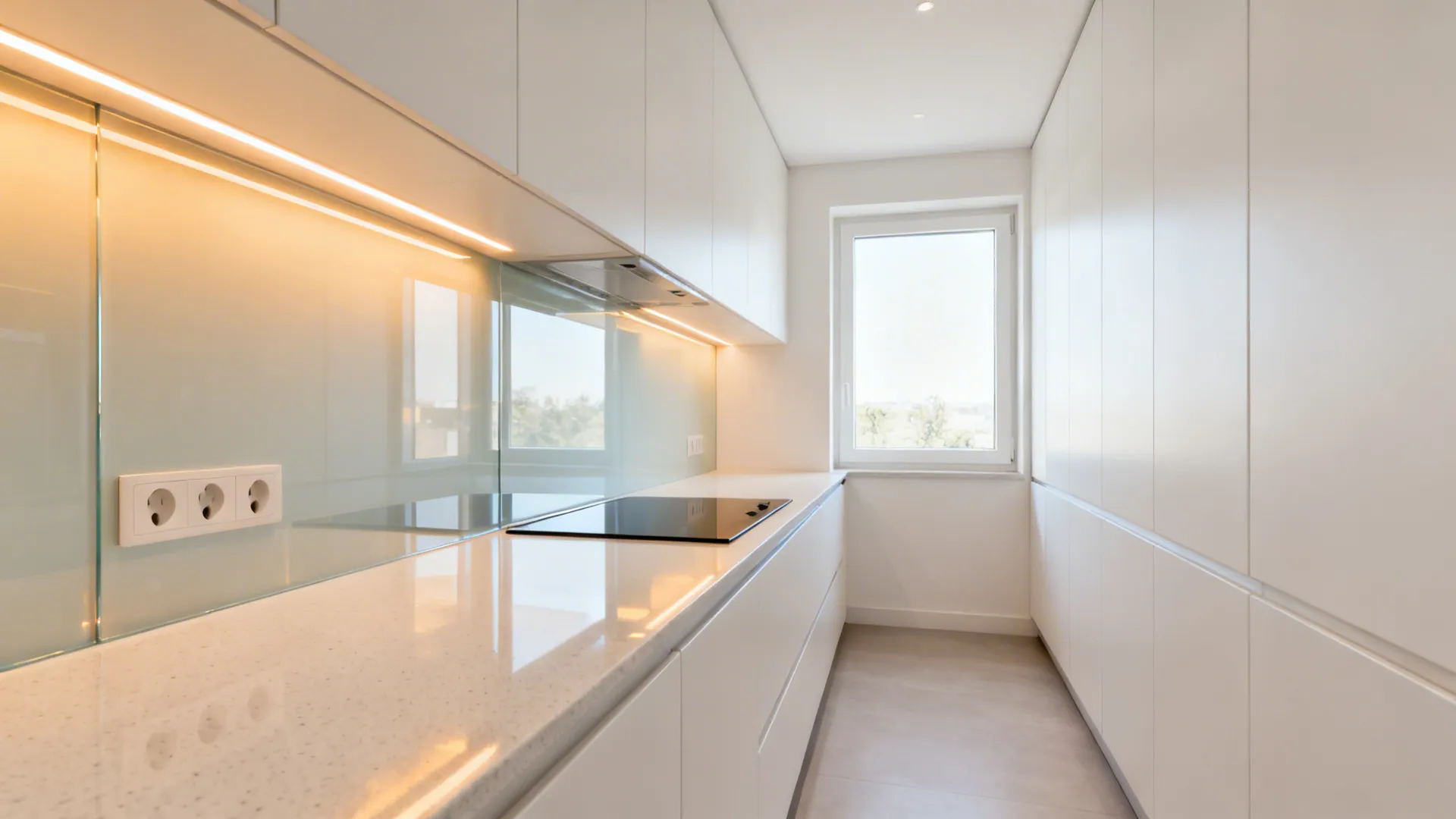 Narrow galley kitchen with low-iron glass backsplash reflecting warm LED task light.