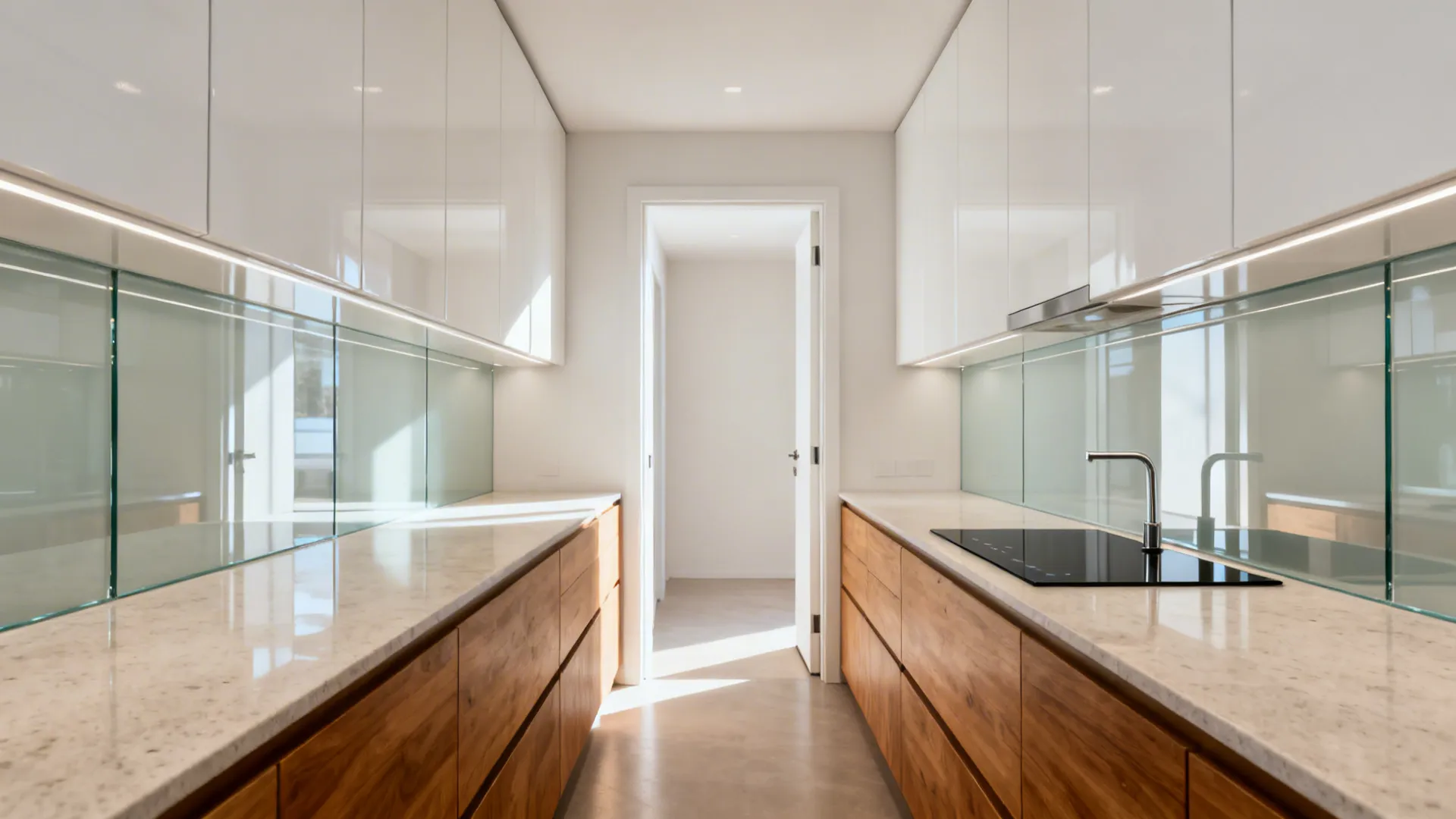 Narrow galley kitchen with a seamless glass backsplash and satin-gloss uppers reflecting light.