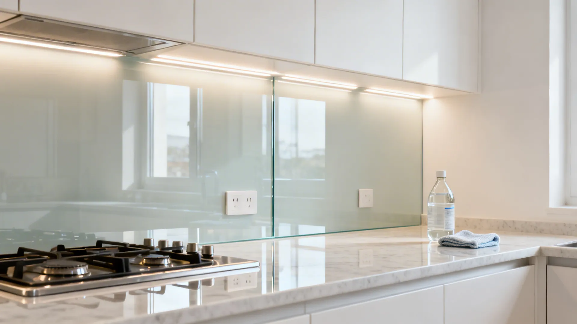 Glass backsplash for light and easy cleaning