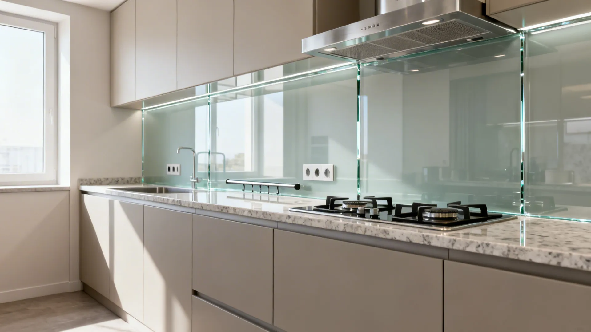 Galley kitchen with low-iron tempered glass backsplash behind a two-burner gas cooktop, airy and bright.