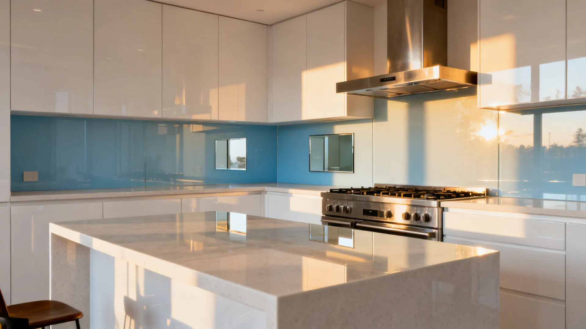 White gloss kitchen featuring a low-iron glass backsplash and a subtle mirror return.