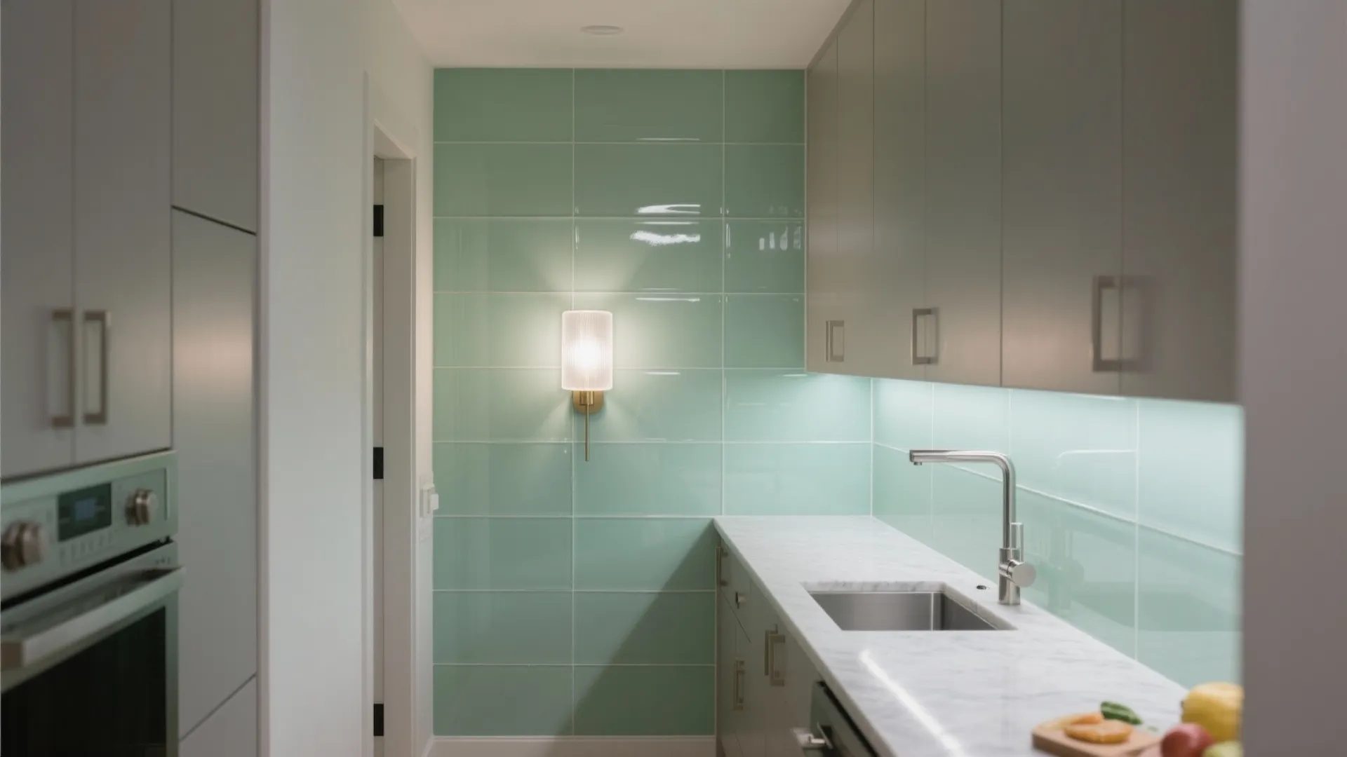 Glass backsplash illuminated for airy depth