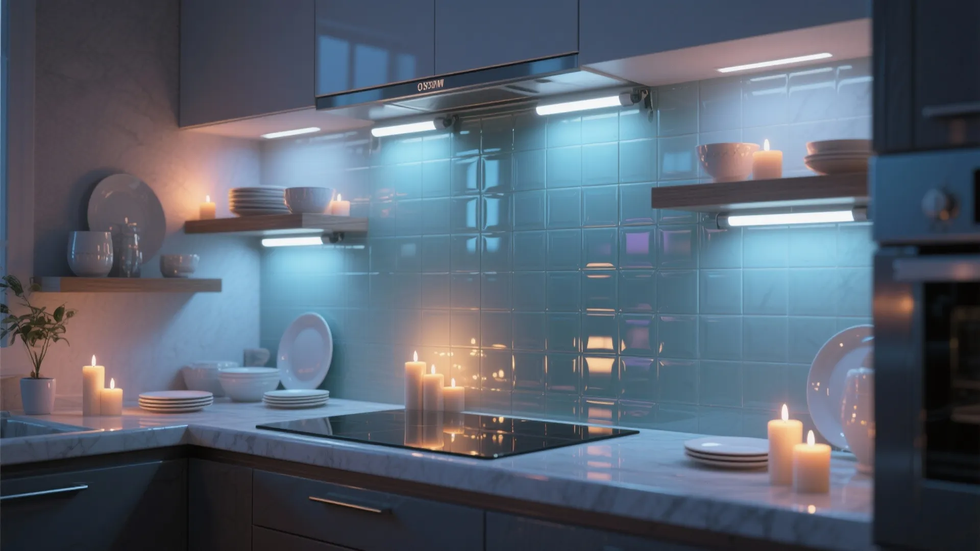 Glass backsplash glow with cordless uplights