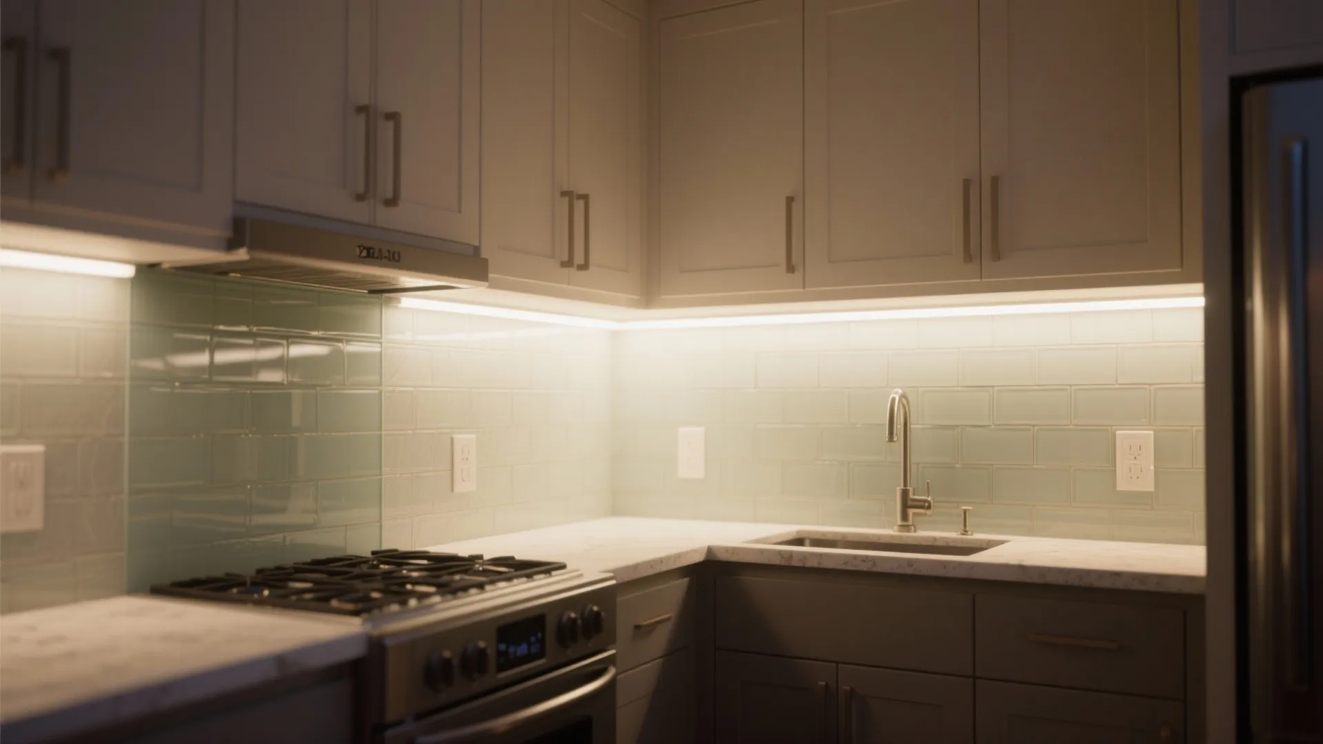 Glass Backsplash Glow with Neutral Wallpaper