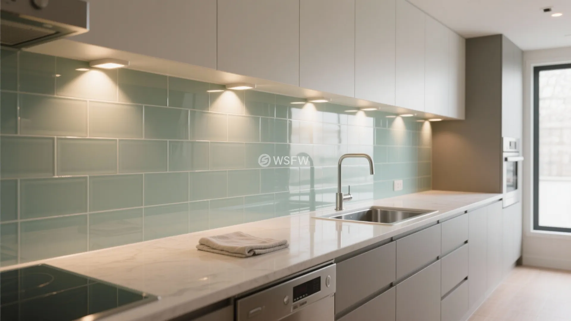 2) Glass Backsplash Glow Without Upper Cabinets