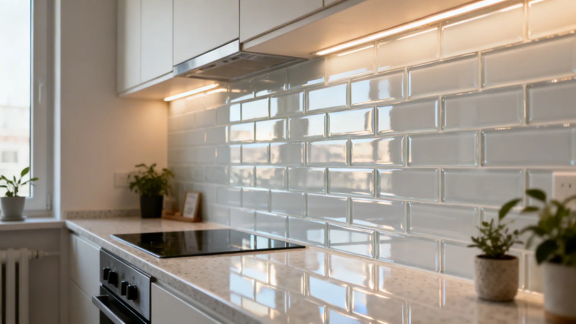Compact kitchen with glossy glass subway backsplash amplifying light.