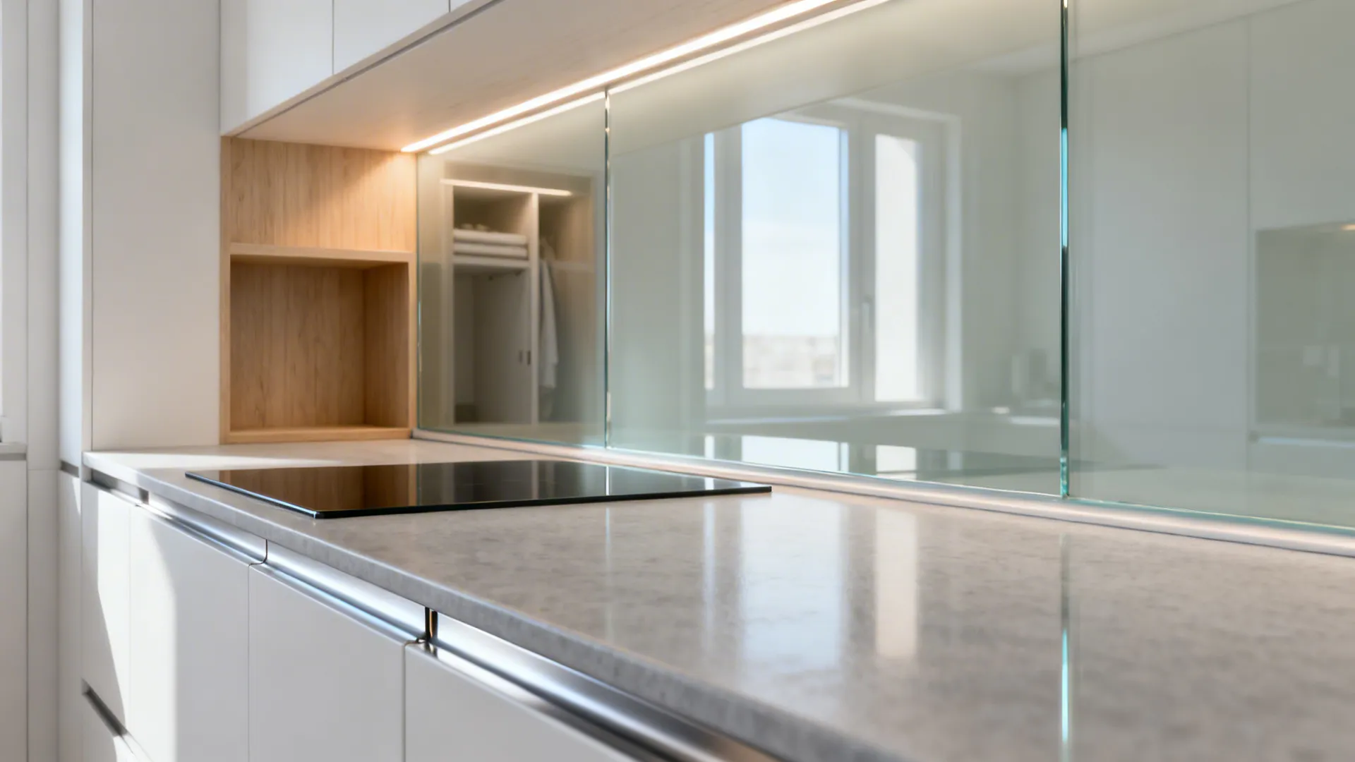 Low-iron tempered glass backsplash reflecting LED light to brighten a compact kitchen and nearby wardrobe.