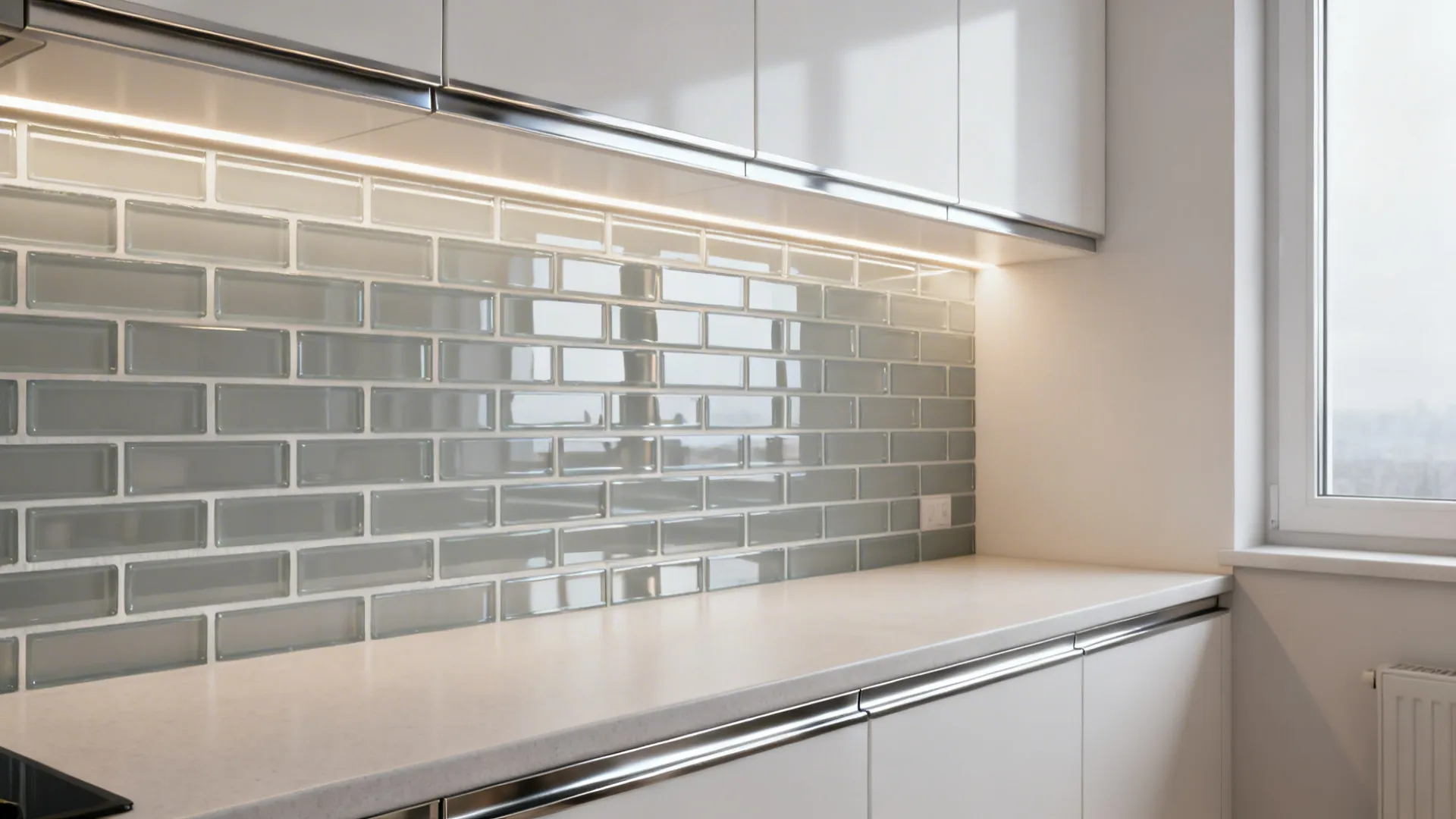 Modern kitchen interior with grey glass wall tiles white countertop and white cabinets with lights