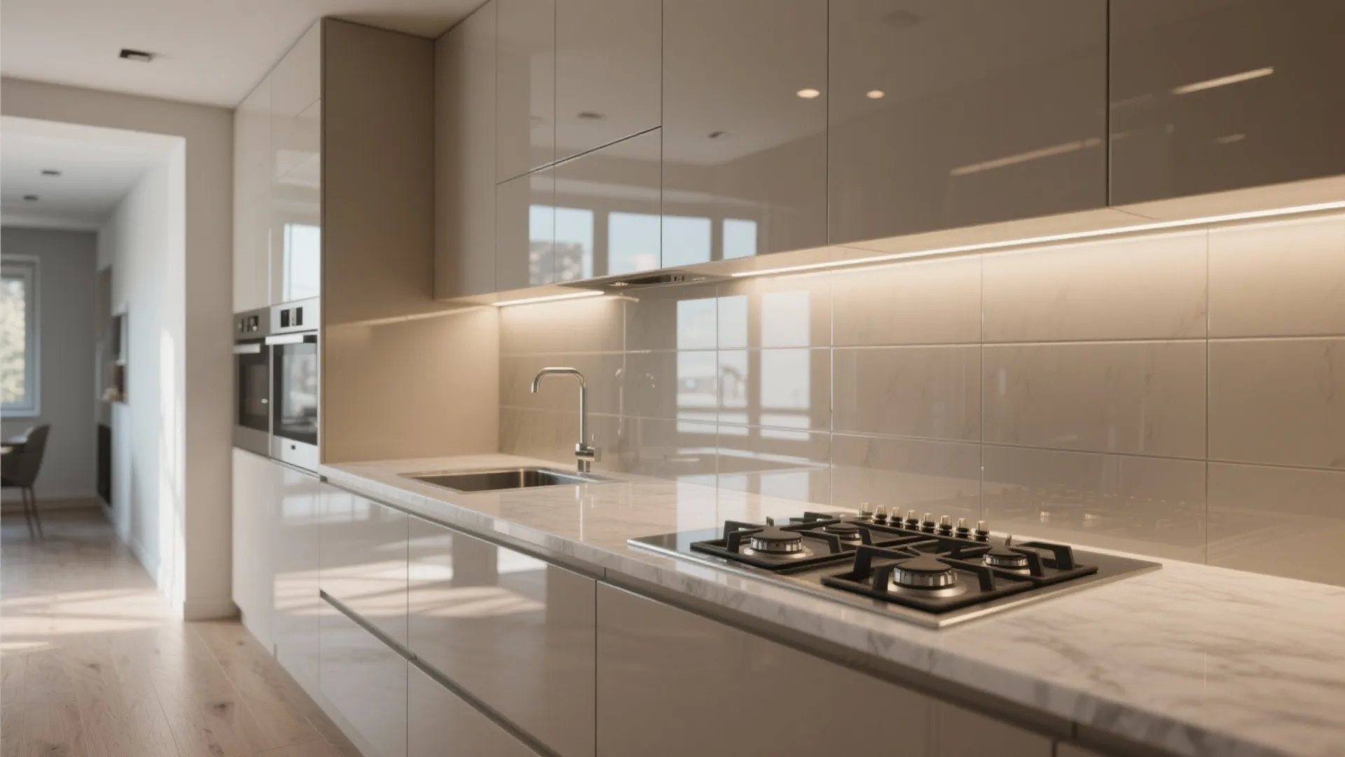 Glass backsplash for brighter, safer cleanup