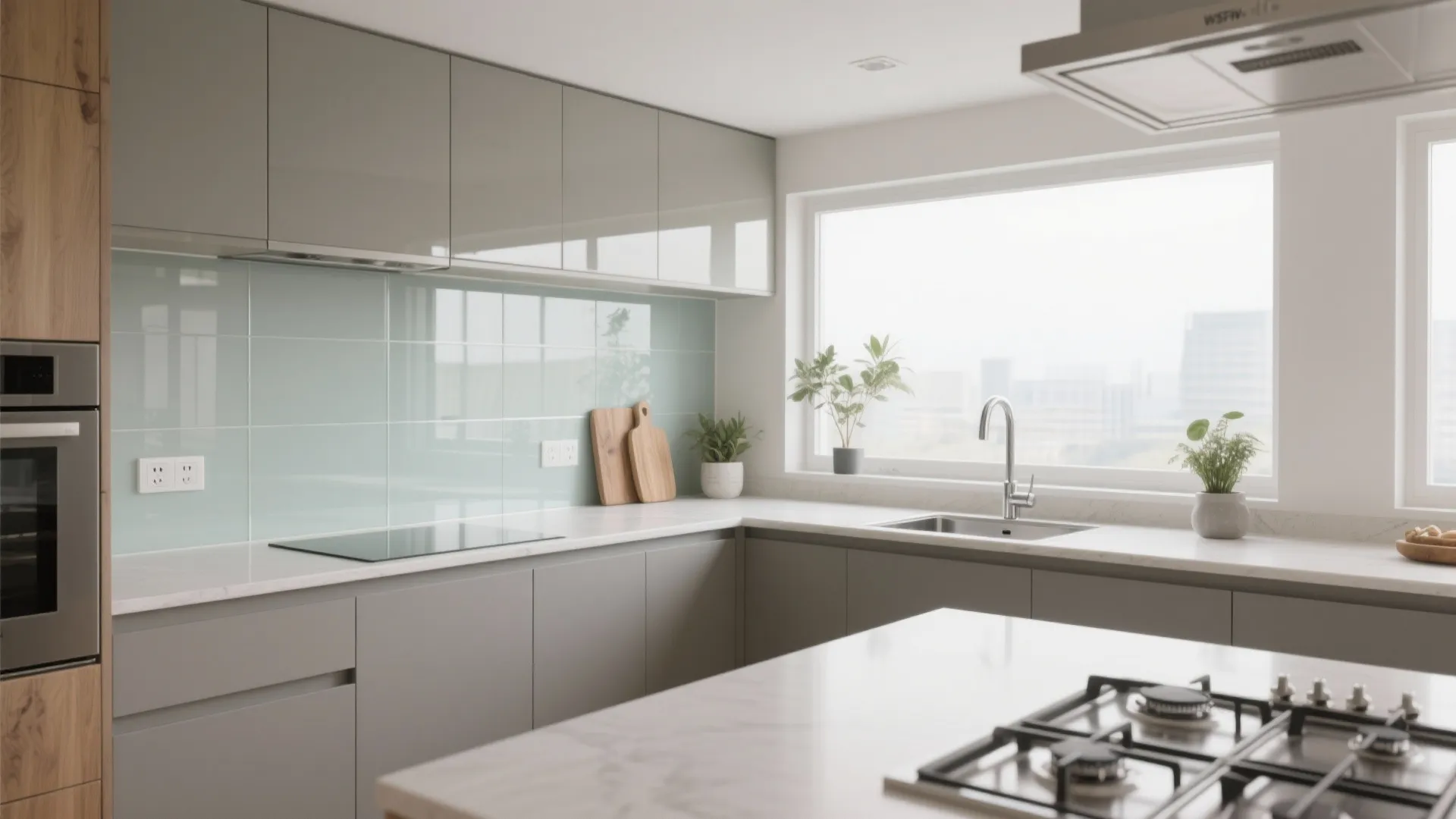 Airy glass backsplash for borrowed light
