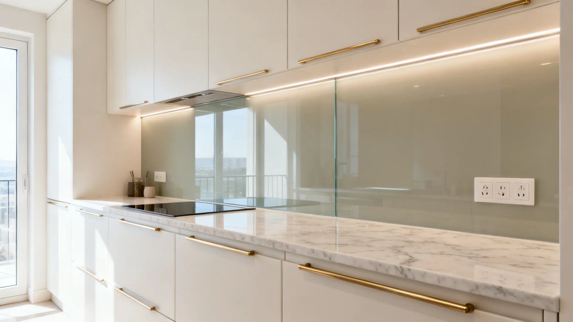 Modern kitchen featuring white cabinets gold handles marble countertop glass backsplash and LED light strip