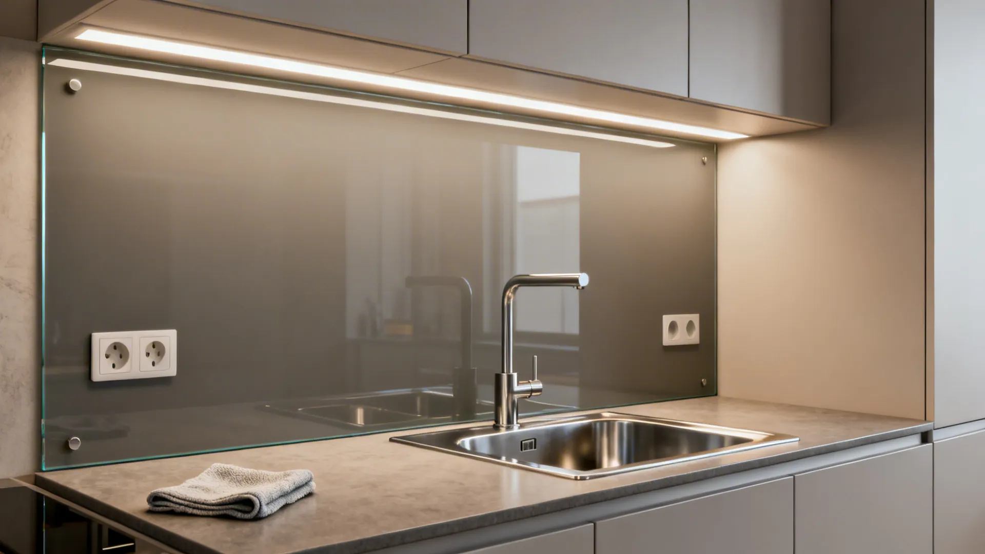 Warm grey tempered glass backsplash reflecting light behind a compact kitchen sink.
