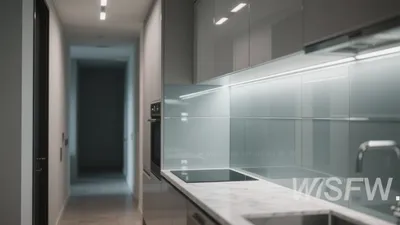 Sleek Gray Kitchen with Marble Countertop & Glass Backsplash